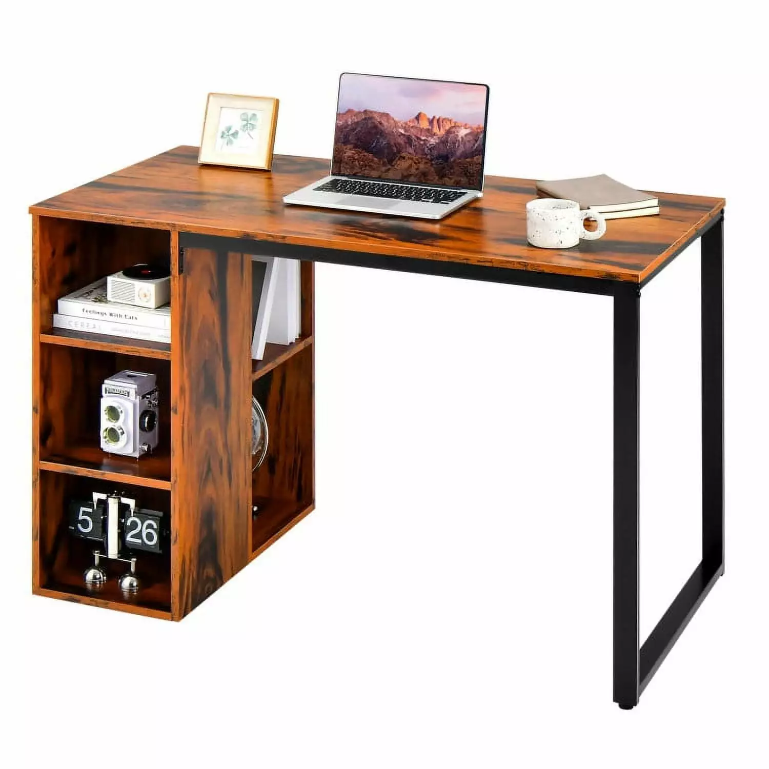Canddidliike Rustic Brown Gaming Computer Desk 5 Side Shelves and Metal Frame
