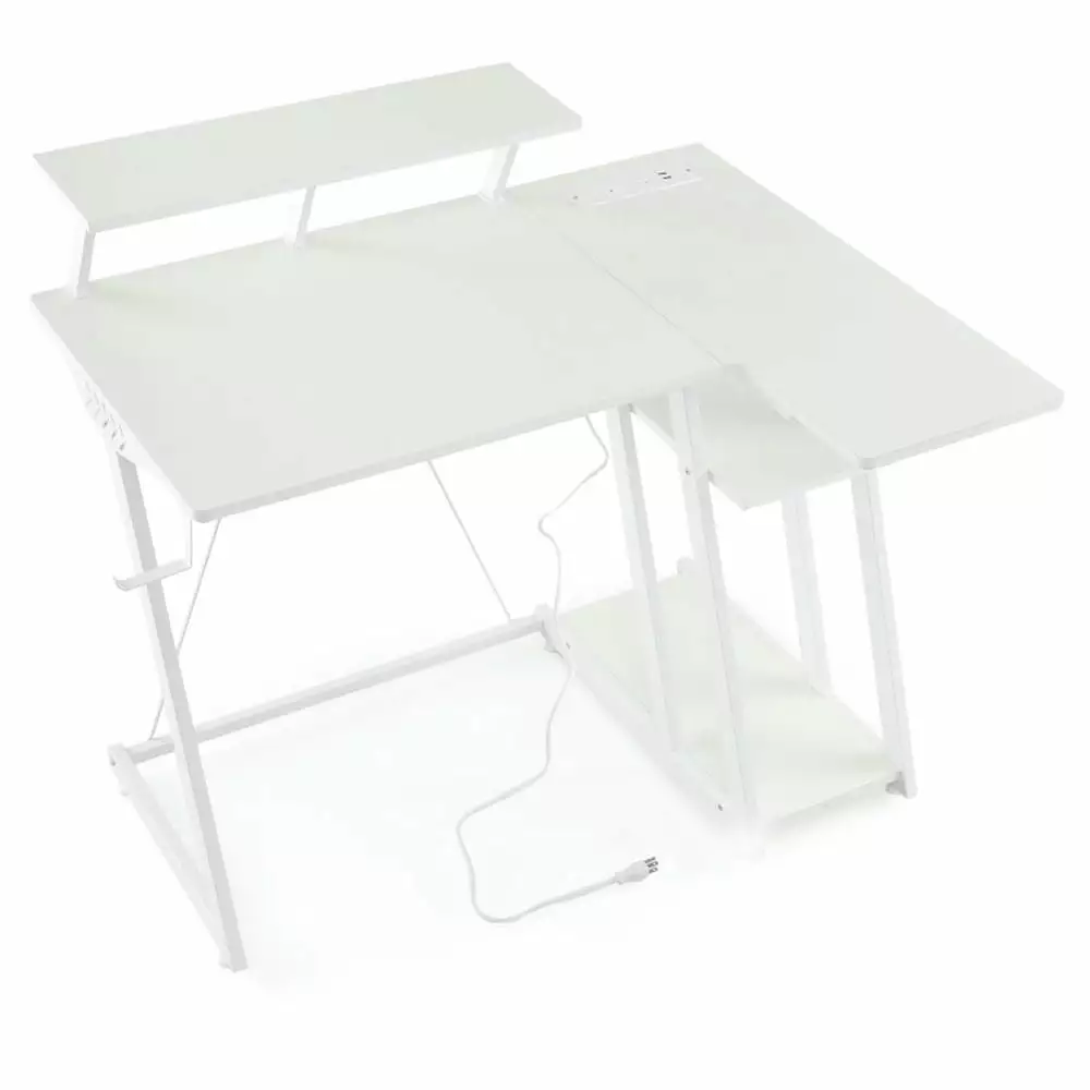 Canddidliike L Shaped Gaming Desk Outlets and USB Ports White Computer Study Writing Table