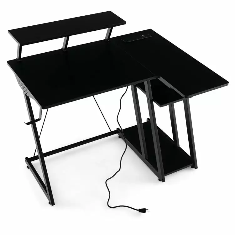 Canddidliike L Shaped Gaming Desk Outlets USB Ports Black Study Workstation Computer Table