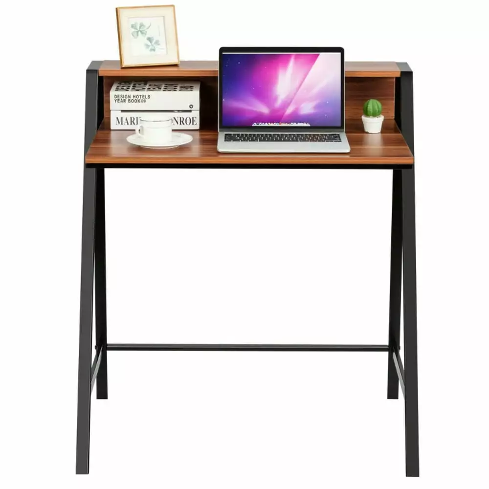 Canddidliike 2 Tier Computer Desk PC Laptop Table Study Writing Home Office Workstation Walnut Gaming Desk