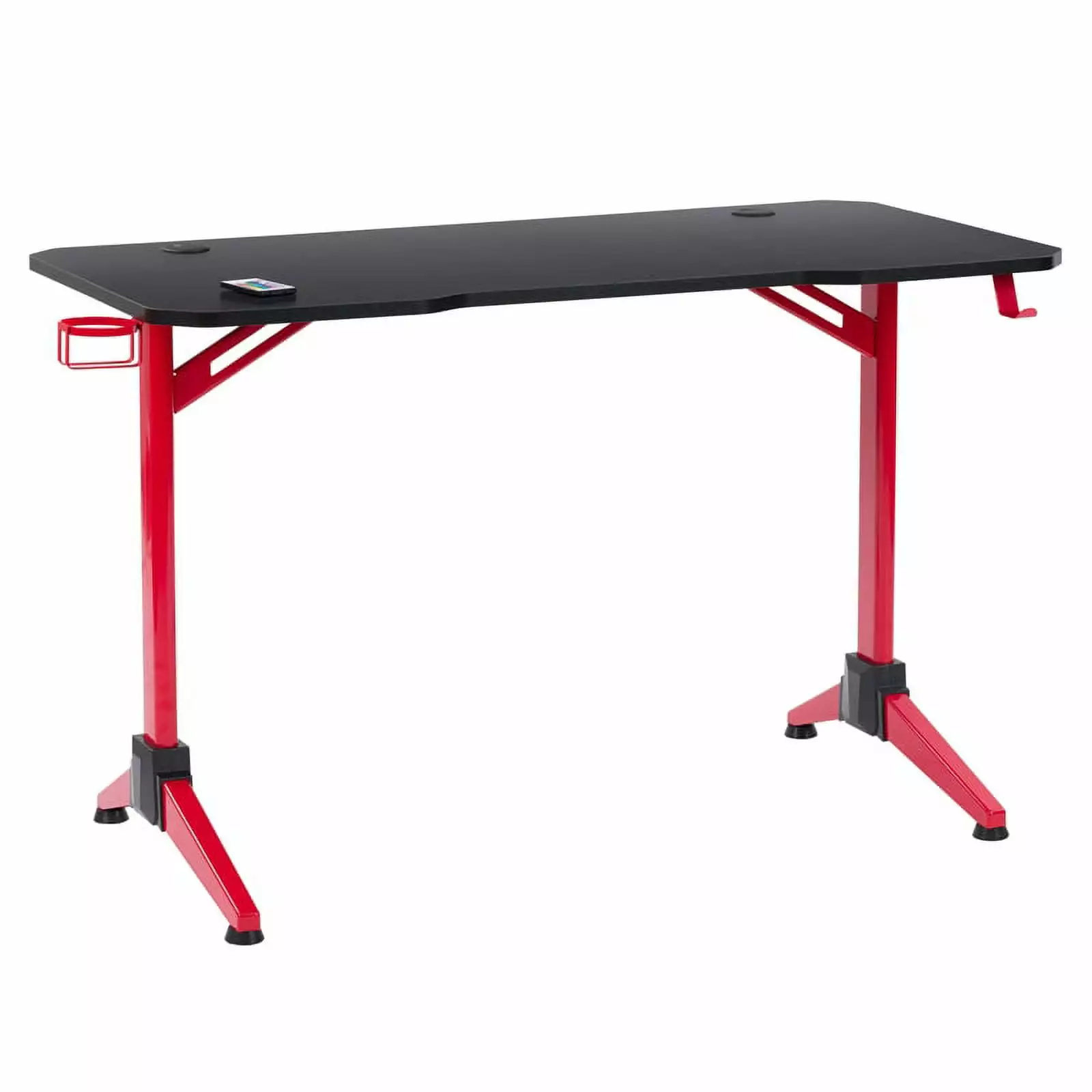 Conqueror Black Engineered Wood Gaming Desk Red Metal Legs and LED Lights CORLIVING