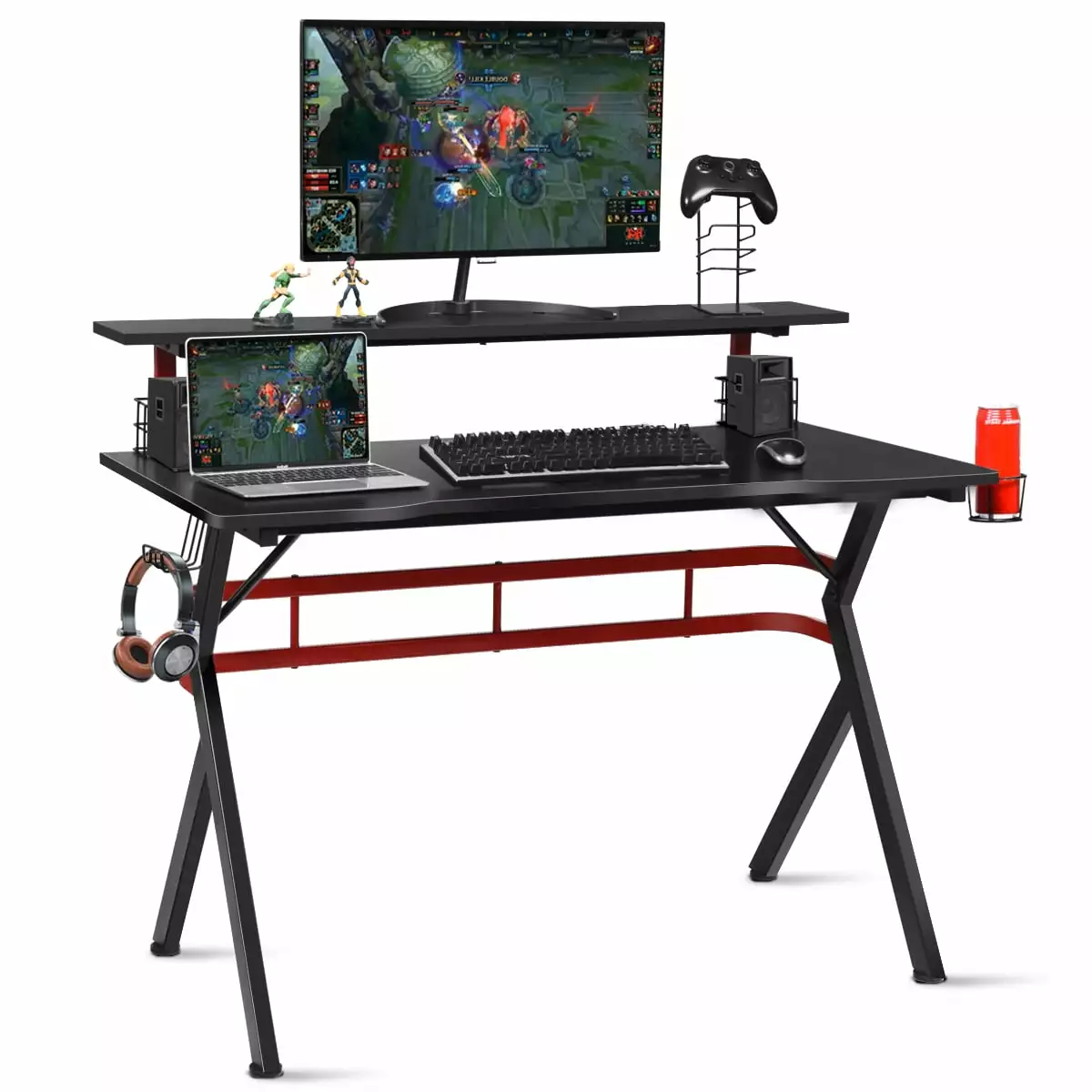 Costway Gaming Computer Desk Monitor Shelf and Storage Controller Headphone Speaker