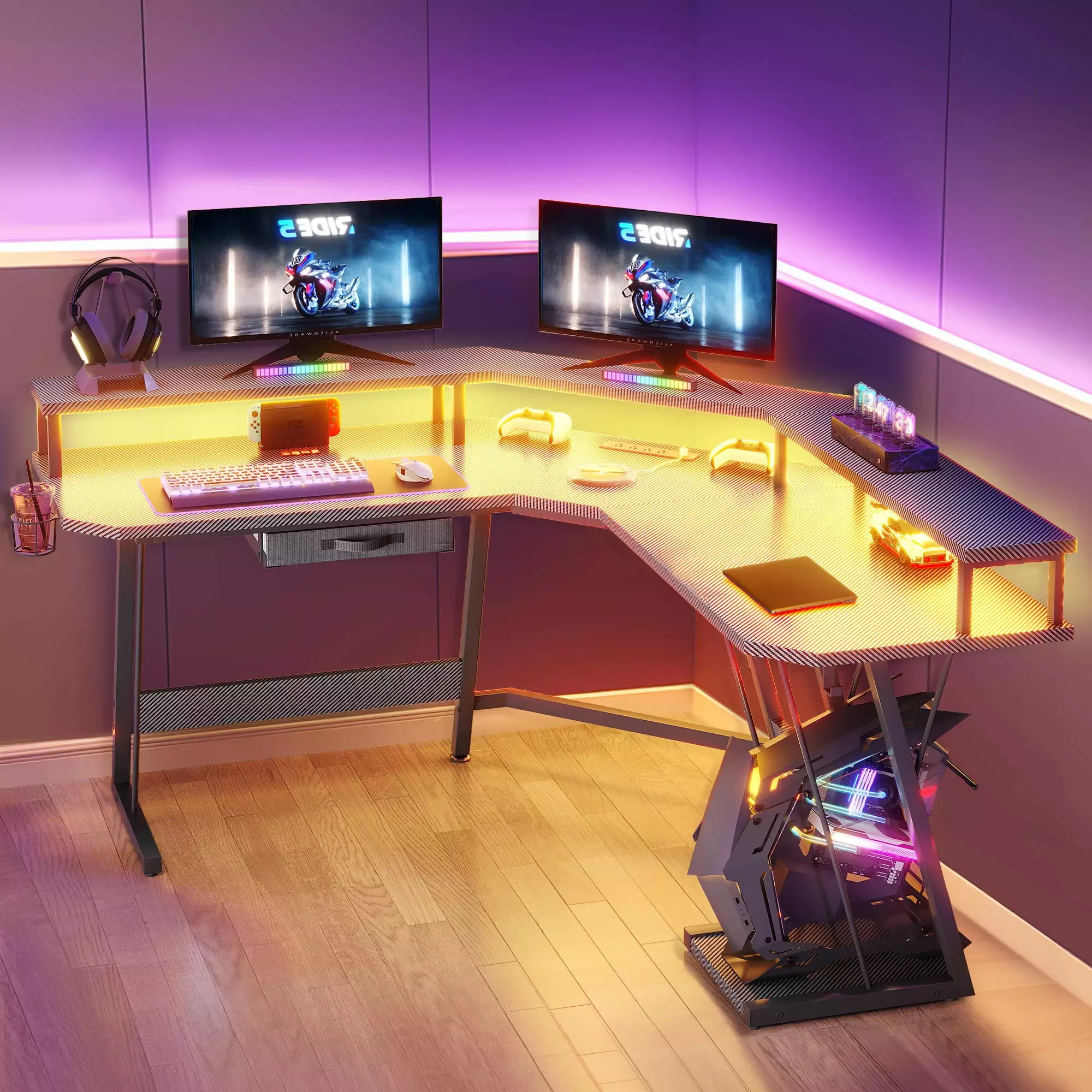 Dextrus L-Shaped Gaming Desk Large Monitor Riser Stand LED Power Outlets Black