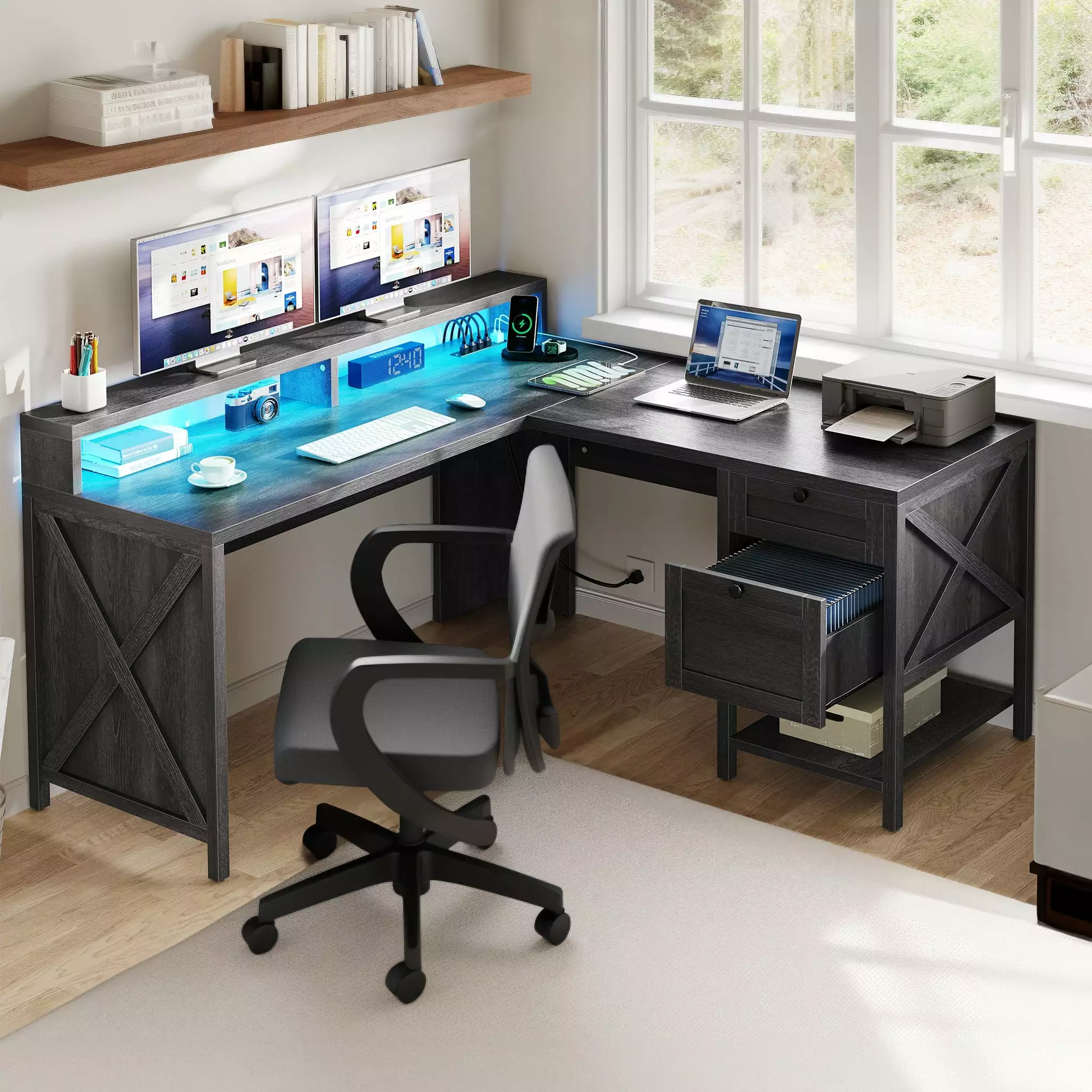 DWVO L Shaped Desk File Drawer Power Outlets LED Lights Corner Gaming Desk