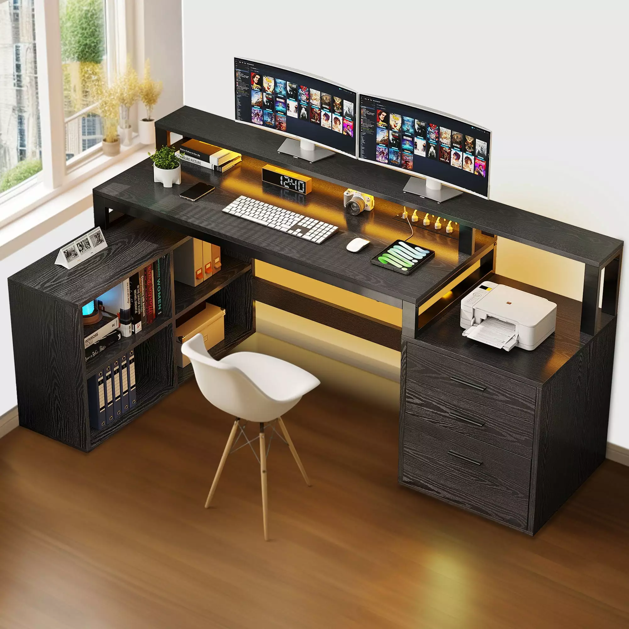 DWVO 65 L Shaped Desk Power Outlets and Monitor Stand Computer Desk LED Light & File Cabinet
