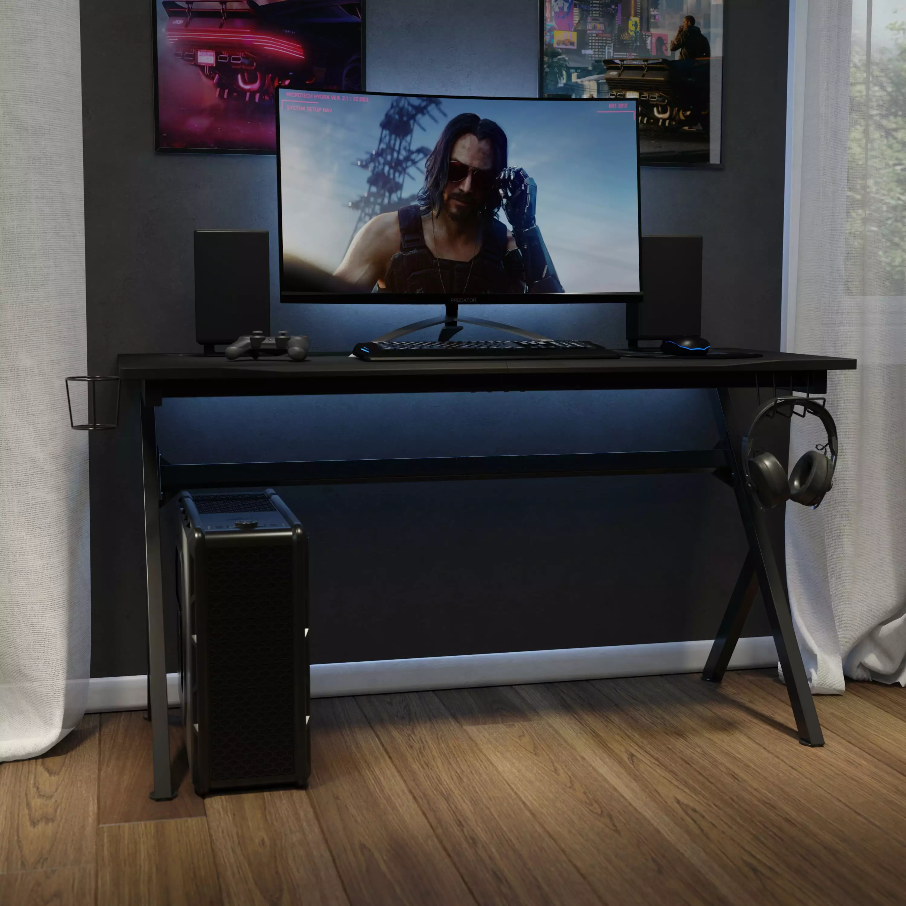 Emma + Oliver 55 Black Computer Gaming Desk Headphone Holder and Cable Management