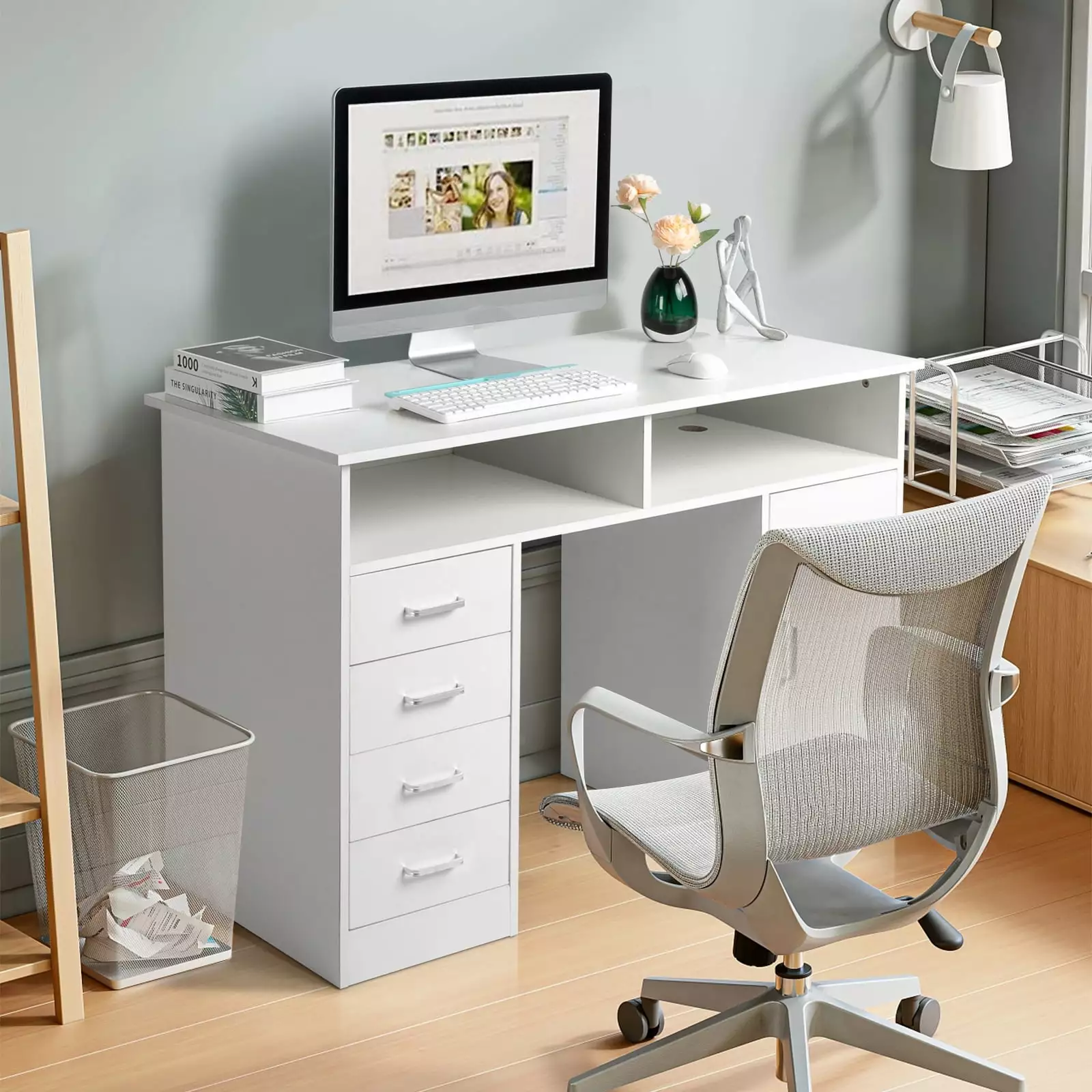 Ktaxon White Computer Desk 4 Drawers and Cabinet Gaming Study Table Laptop FCH