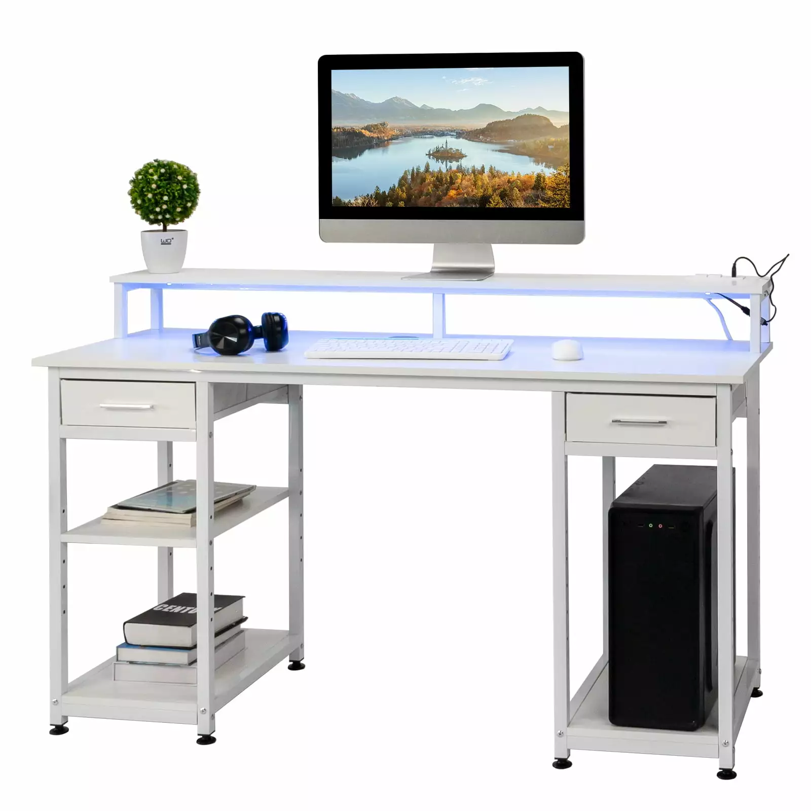 UBesGoo White Adjustable Lighted Computer Gaming Desk Power Outlets and USB Ports FCH