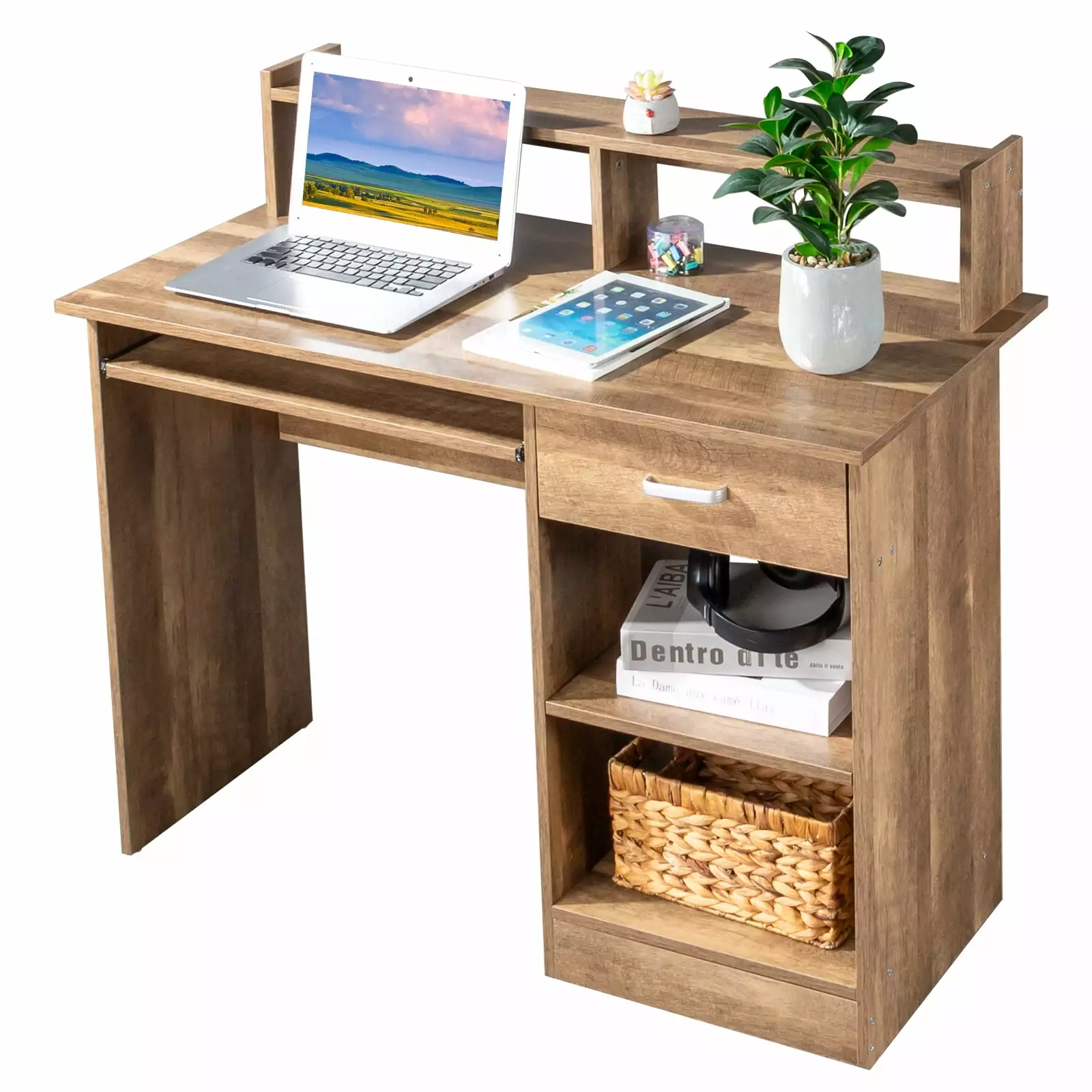 Zimtown Computer Gaming Desk Desktop Storage Rack & Adjustable Shelf Cabinet Computer Desk Keybroad Tray & Drawers Home Of...