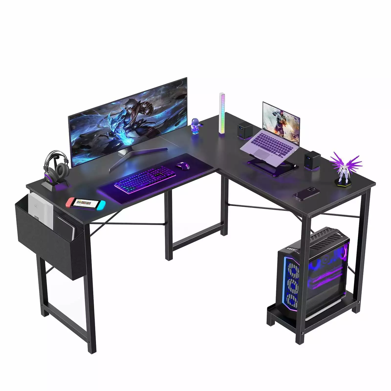 WM 49 Gaming Desk LED Lights L Shaped Desk Power Outlet Monitor Stand Corner Computer Desk Carbon Fiber FHWM-C