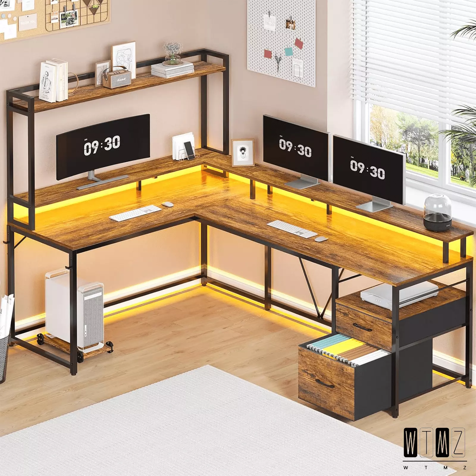 FHWM-WTMZ Rustic Brown L Shaped Desk File Drawer and LED Lights
