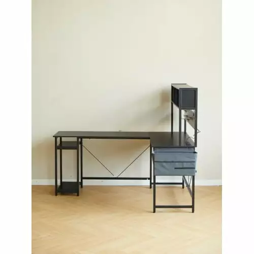 94.5 Inch L-Shaped Gaming Desk LED Storage Shelves Metal Panel and Stool Black Home Office Desk FHWM1