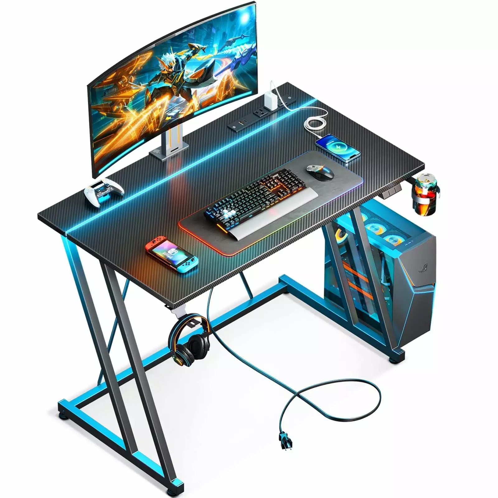 31.5 Inch Small Gaming Desk LED Lights and Power Outlet FHWMCCL