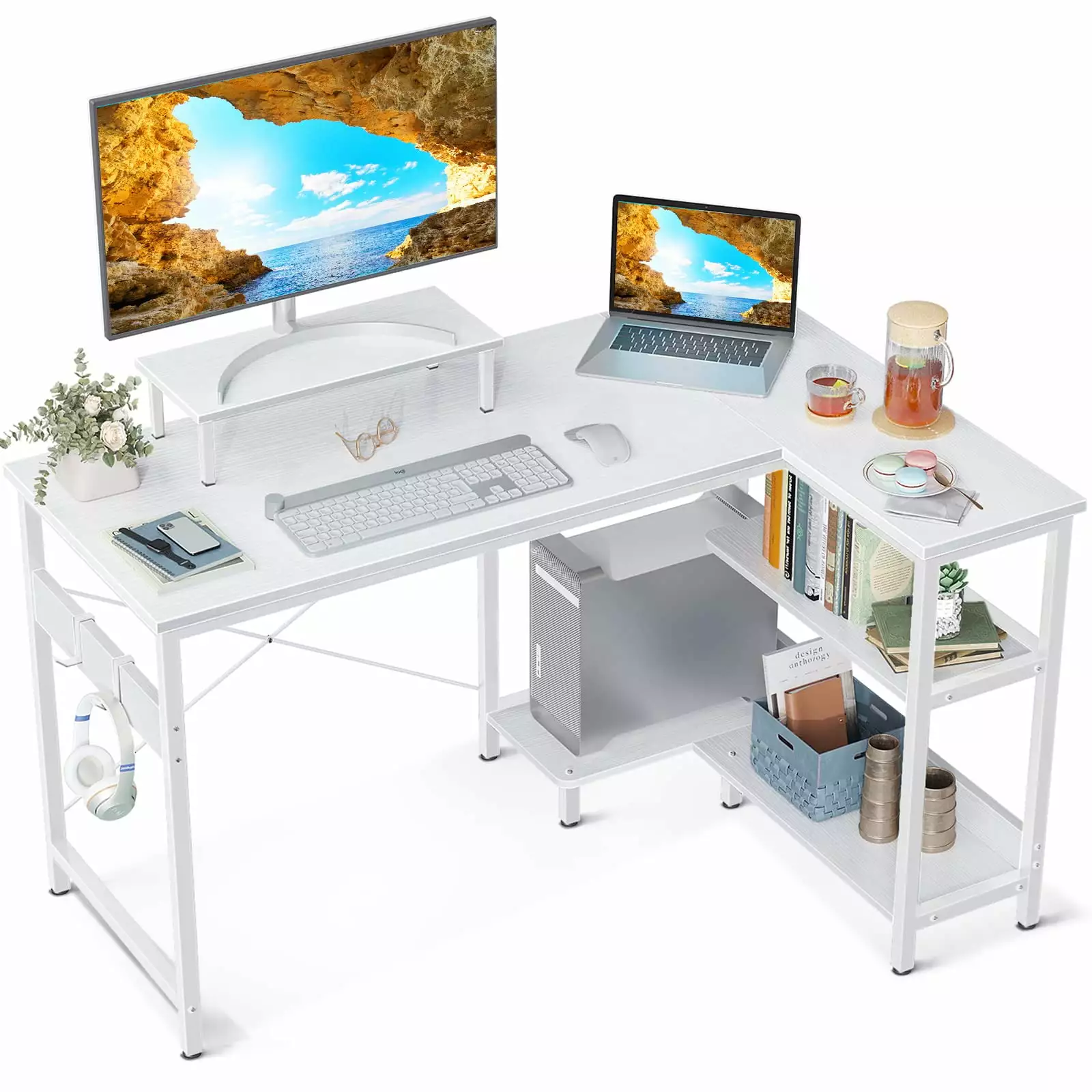 White L Shaped Computer Desk Power Outlet Shelves. 40 Inch Small Corner Gamer Desk Small Space Home Office. Home Office De...