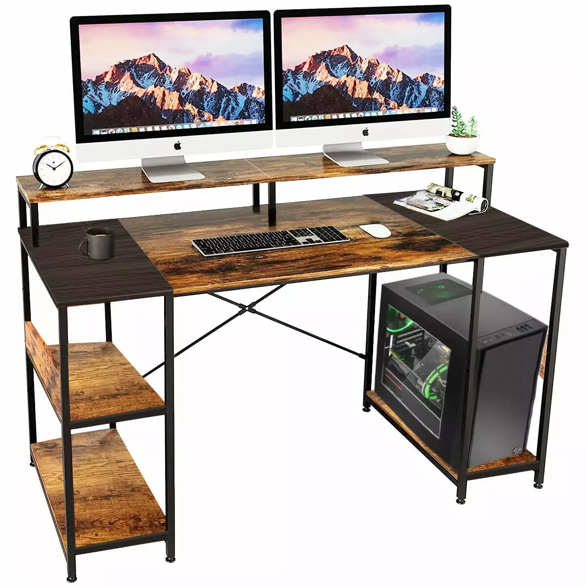 Garberiel 59 Computer Desk Monitor Shelf Home Office Desk Gaming Work and Study Rustic Brown Black