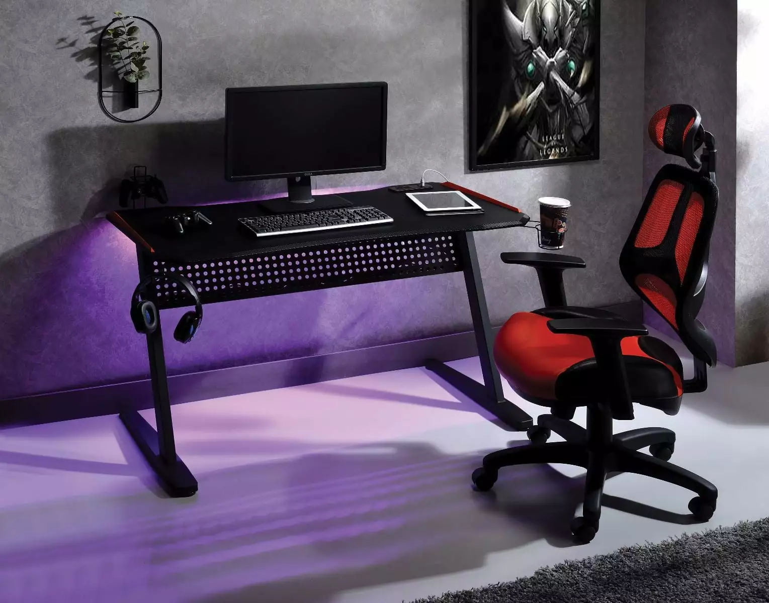 GeeHome Dragi Gaming Table w/USB Port Black & Red Finish 93125