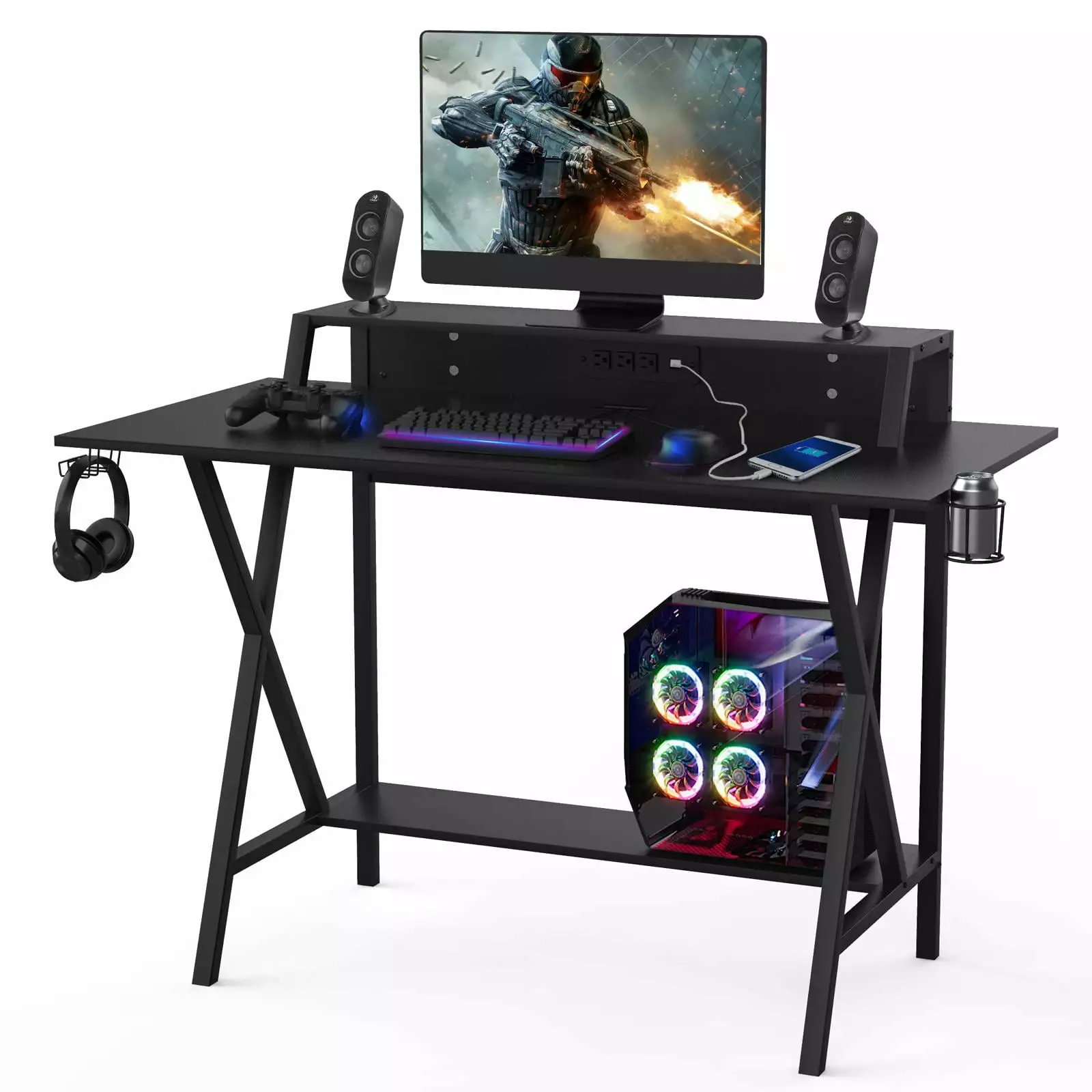 Giantex Gaming Desk Computer Workstation Cup Headphone Holder Socket 3-Outlet 2 USB Ports Multifunctional Writing Desk Hom...