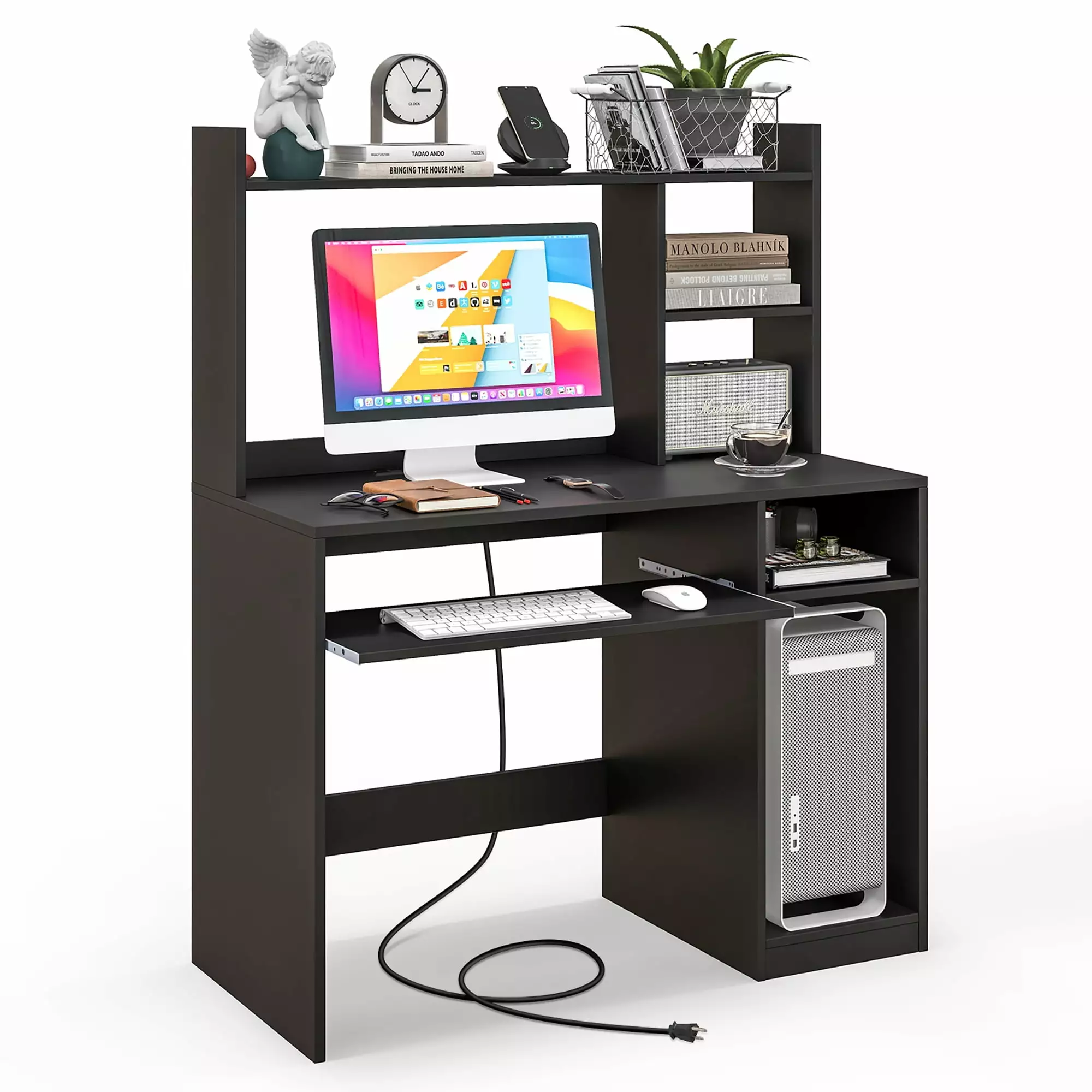 Gymax 43.5 Computer Desk Charging Station and Keyboard Tray Gaming