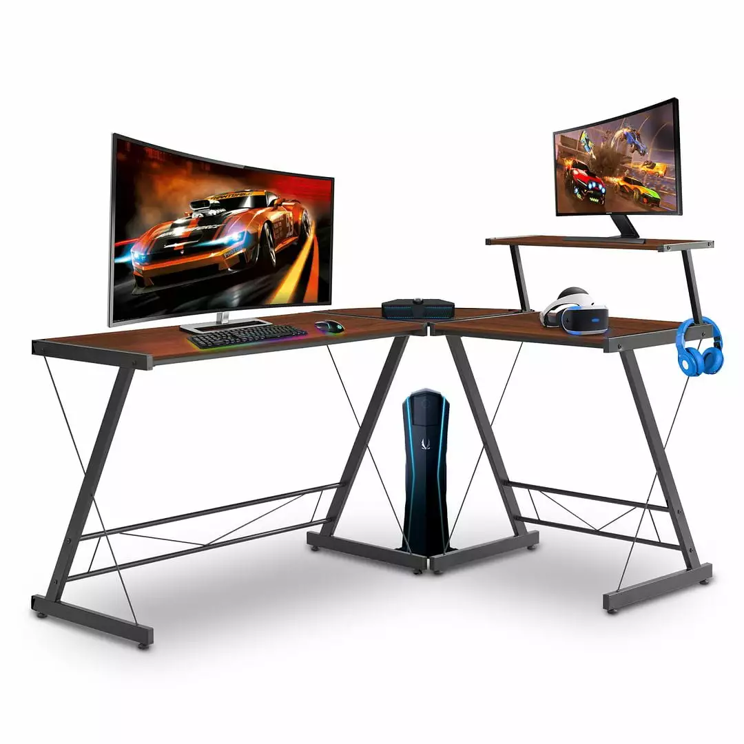 Halter L Shaped Gaming Desk Small Spaces Brown 59 D 29 H Compact Workstation