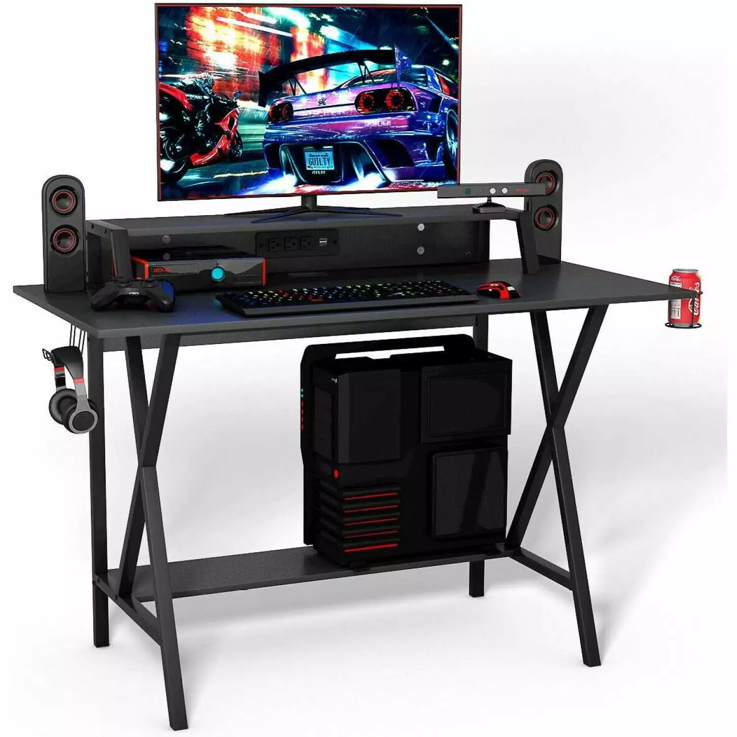 HElectQRIN Gaming Computer Desk Large Workstation Cup and Headphone Holder Black