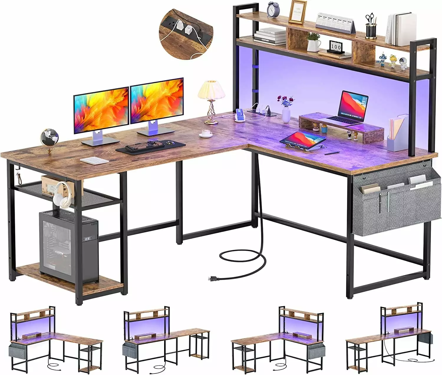 Homieasy L Shaped Desk Power Outlet USB Ports 86.6 Reversible Gaming Desk Monitor Stand LED Strip