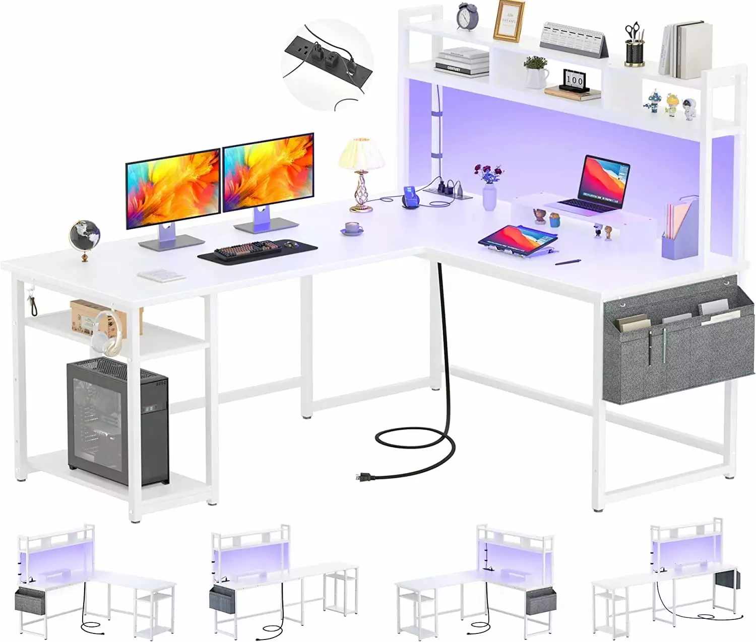 Homieasy L Shaped Desk Power Outlet USB Ports and LED Strip White