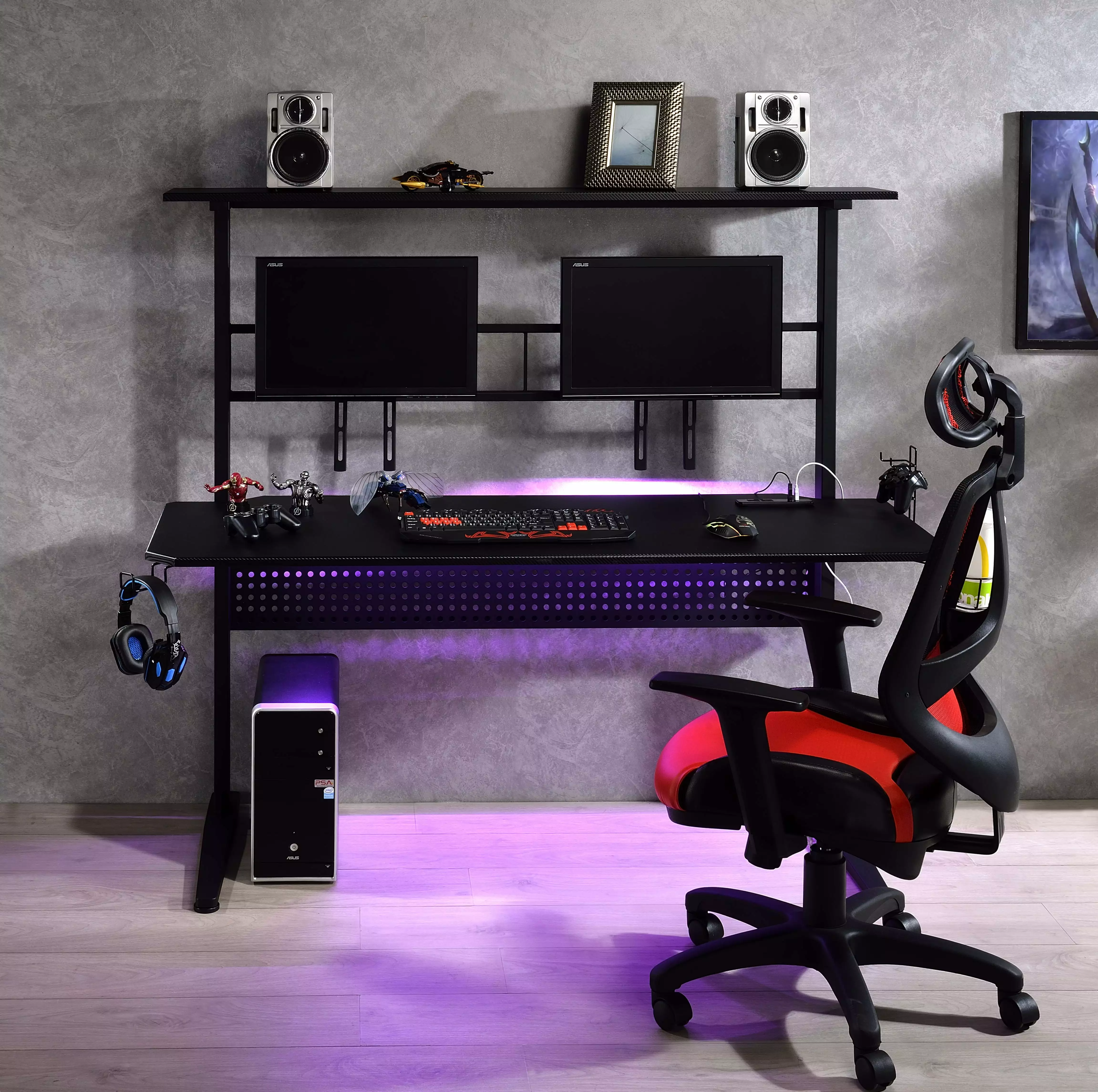 Homiyad Gaming Table USB Port Black Finish Modern Gaming Desk