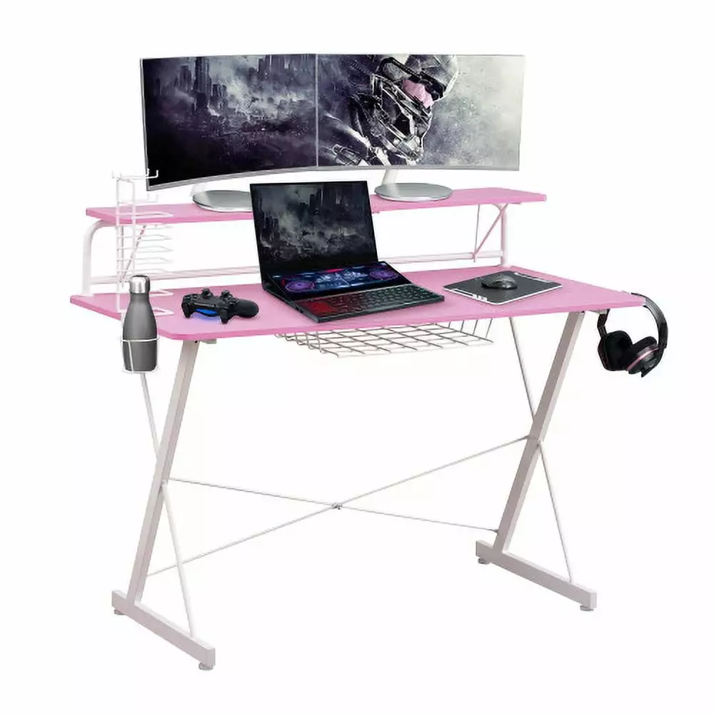 Carbon Computer Gaming Desk Shelving - Pink Modern Desk Gamers and Home Office Hypeshops