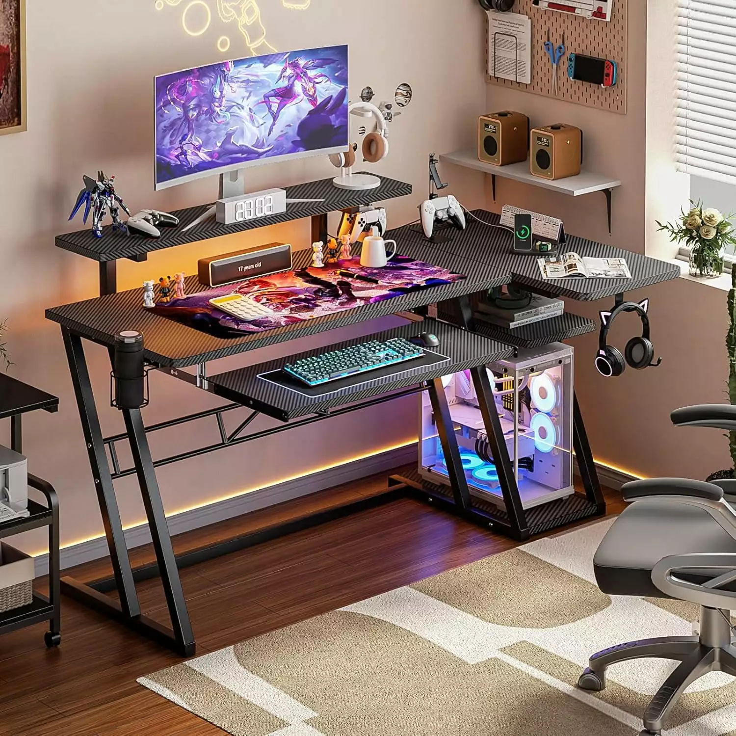 iSunirm 47 Inch Gaming Desk LED Lights L Shaped Computer Desk Keyboard Tray Black