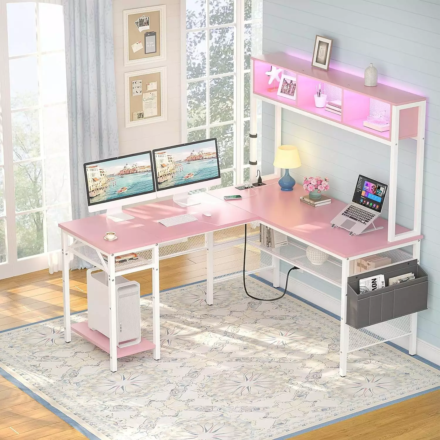 iSunirm L-Shaped Computer Desk LED Strip Power Outlets USB Port and Storage Shelves Pink