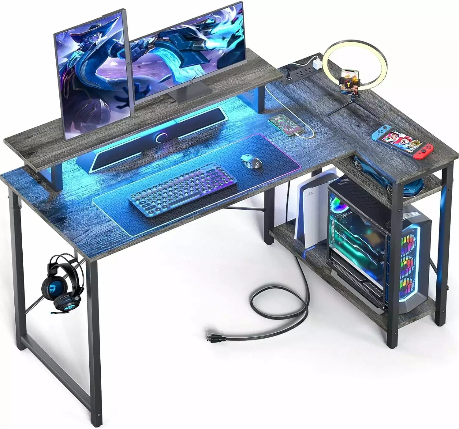 iSunirm 47 L Shaped Desk Power Outlet LED Light Black Oak Gaming Workstation