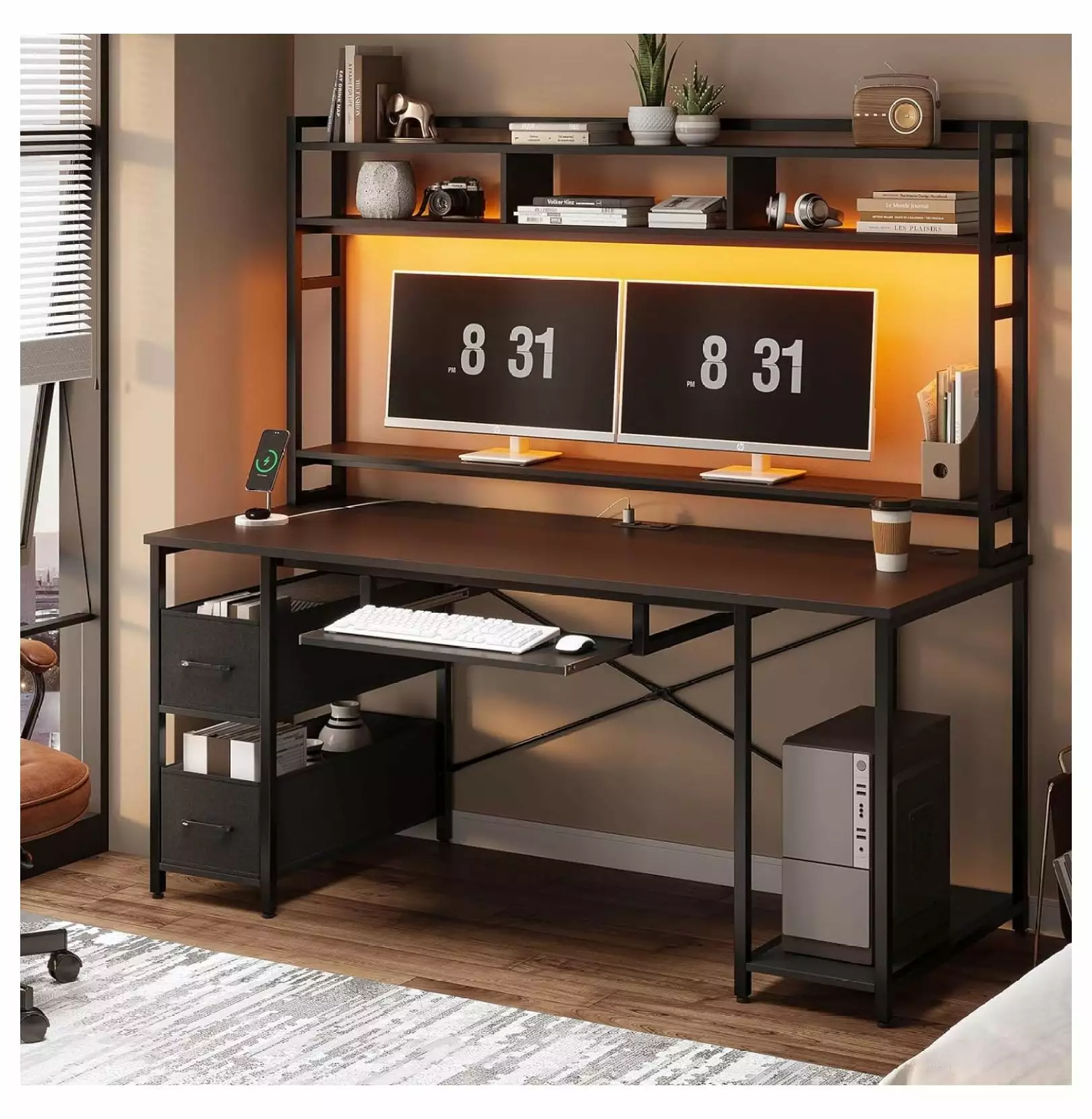 Killeryuki Gaming Computer Desk - 55 Gaming Desk LED Lights and Hutch - Black Gamer Desk