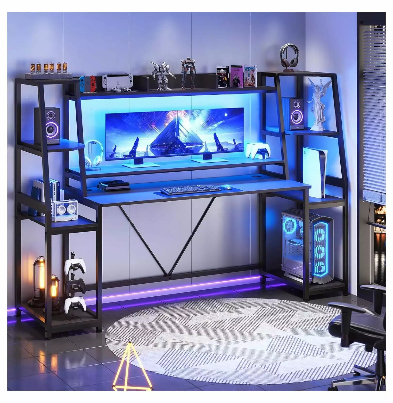 Killeryuki Gaming Desk 78.8'' LED Lights and Hutch PC Gamers