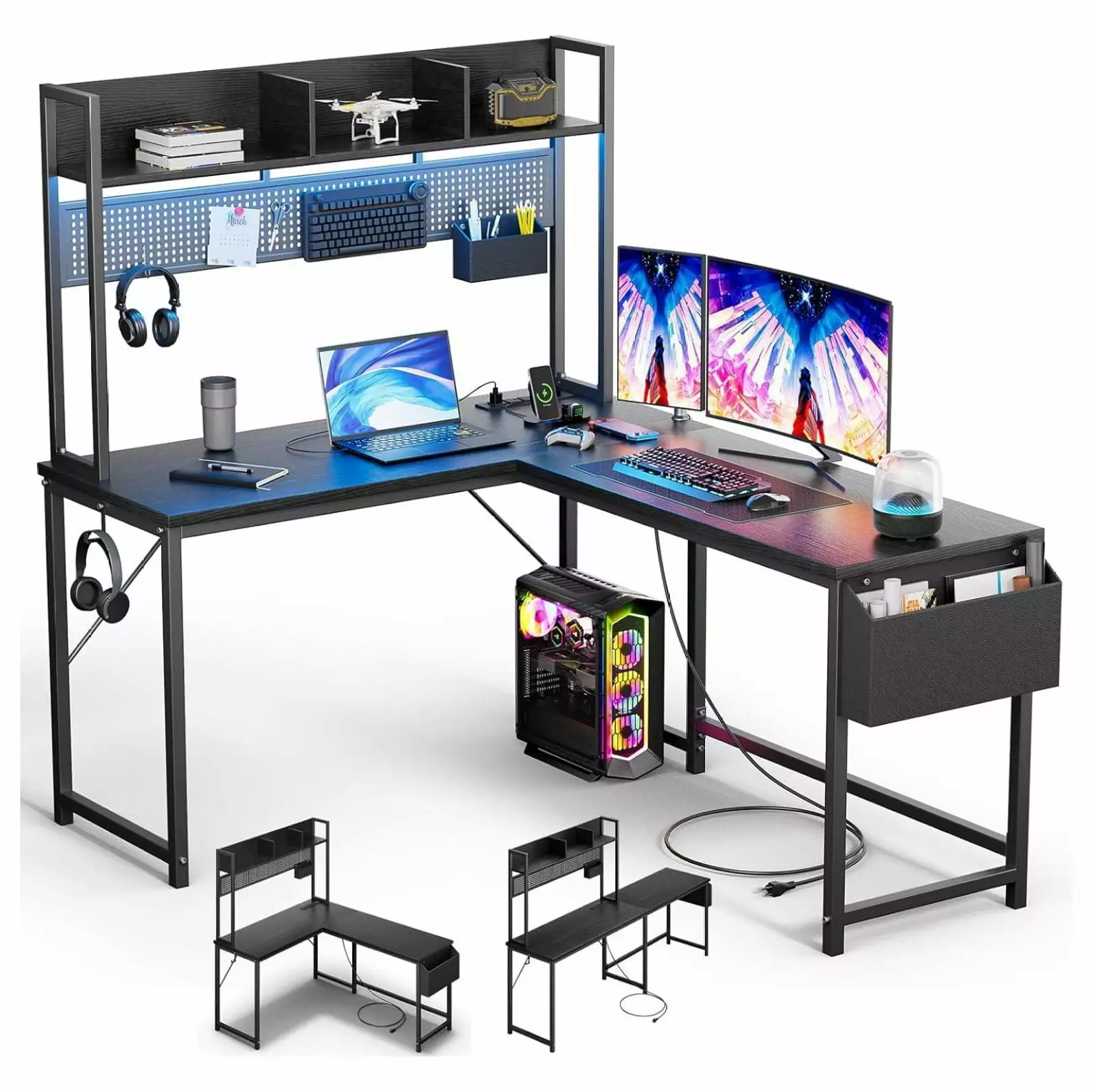Killeryuki L Shaped Gaming Desk Storage Power Outlet LED Strip Pegboard Corner Desk Black