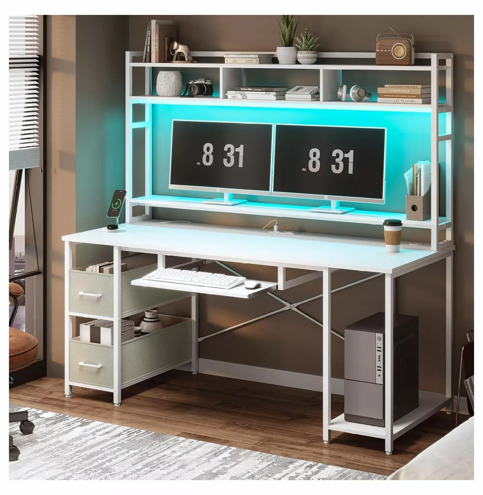 Killeryuki White Computer Desk Hutch and Drawer - 55 White Gaming Desk LED Lights & Power Outlet