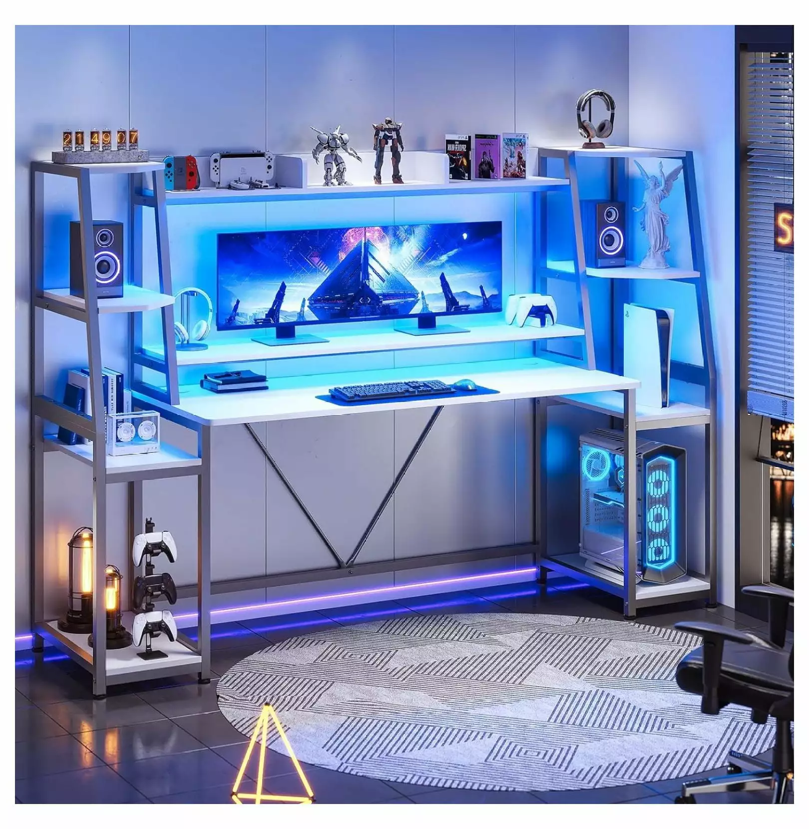 Killeryuki White Gaming Desk 78.8 Inch LED Lights Hutch and Storage Shelves Ergonomic PC Gamer Desk