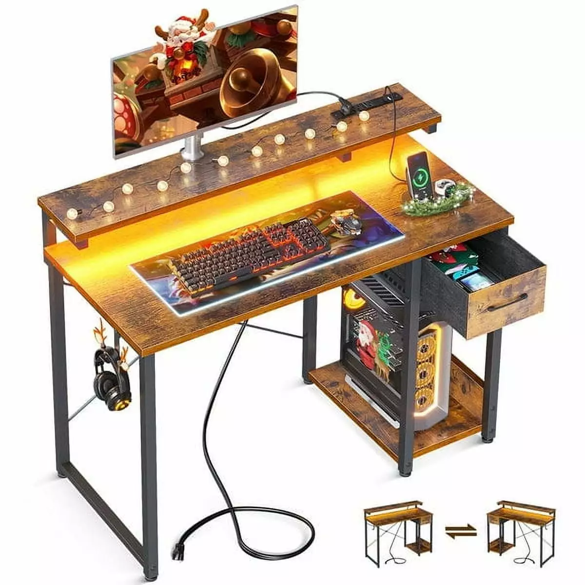 40 Inch Computer Desk Drawers Power Outlets Monitor Stand Small Space Home Office KKL