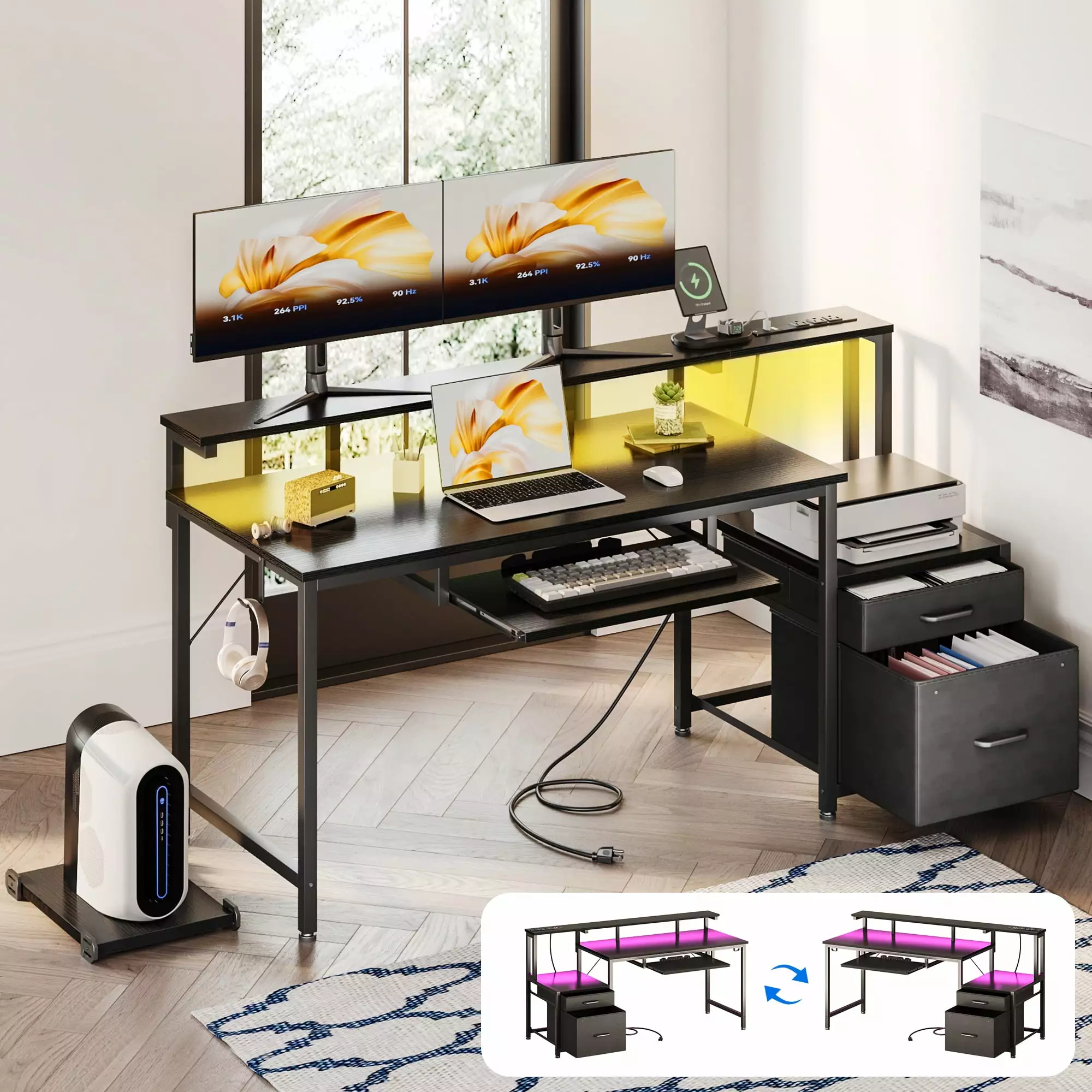 55 Inch Reversible Gaming Desk Power Outlets and LED Light Office Desk File Cabinet KKL