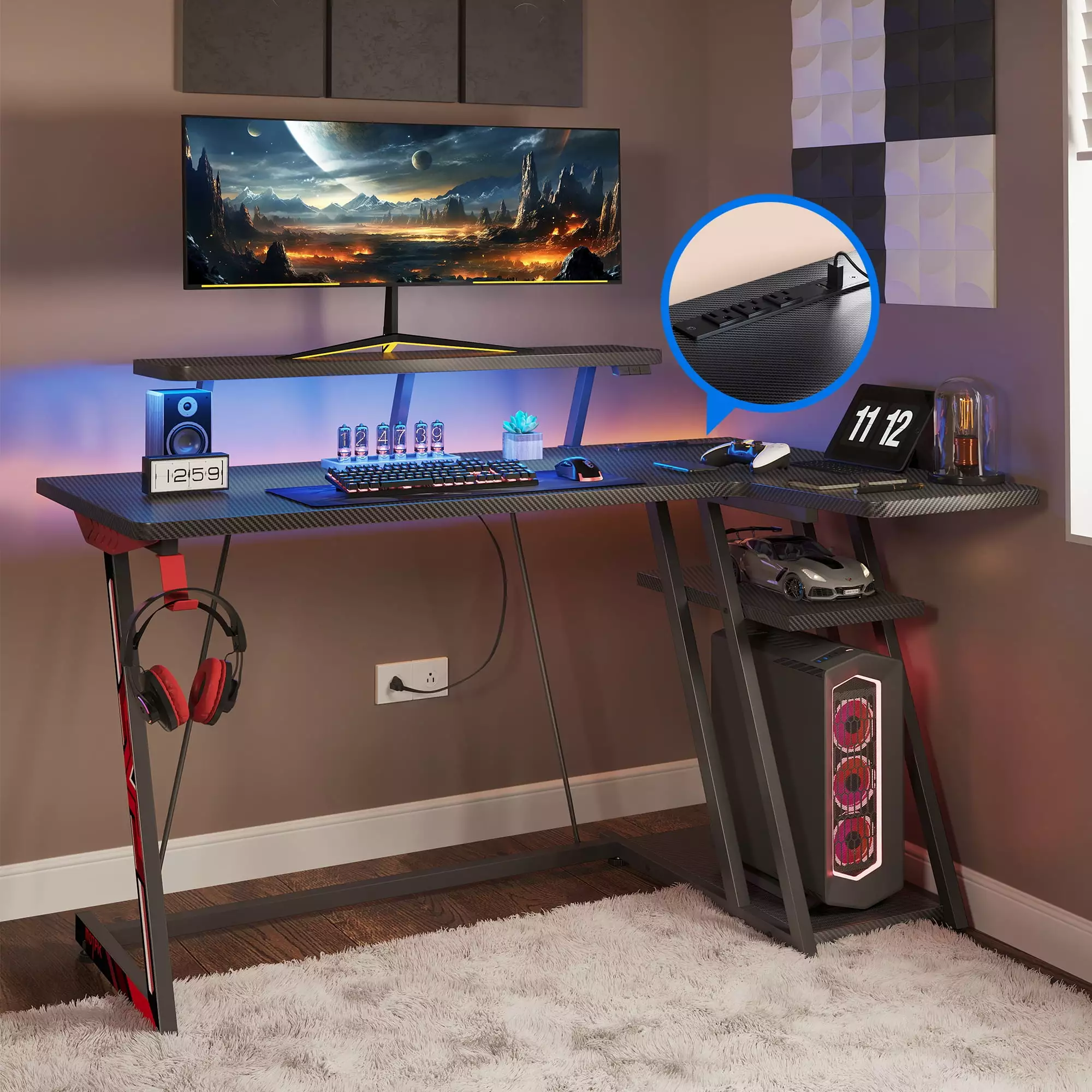 39 Inch L Shaped Gaming Desk Storage Shelf Power Outlets Carbon Fiber Surface Black KKL