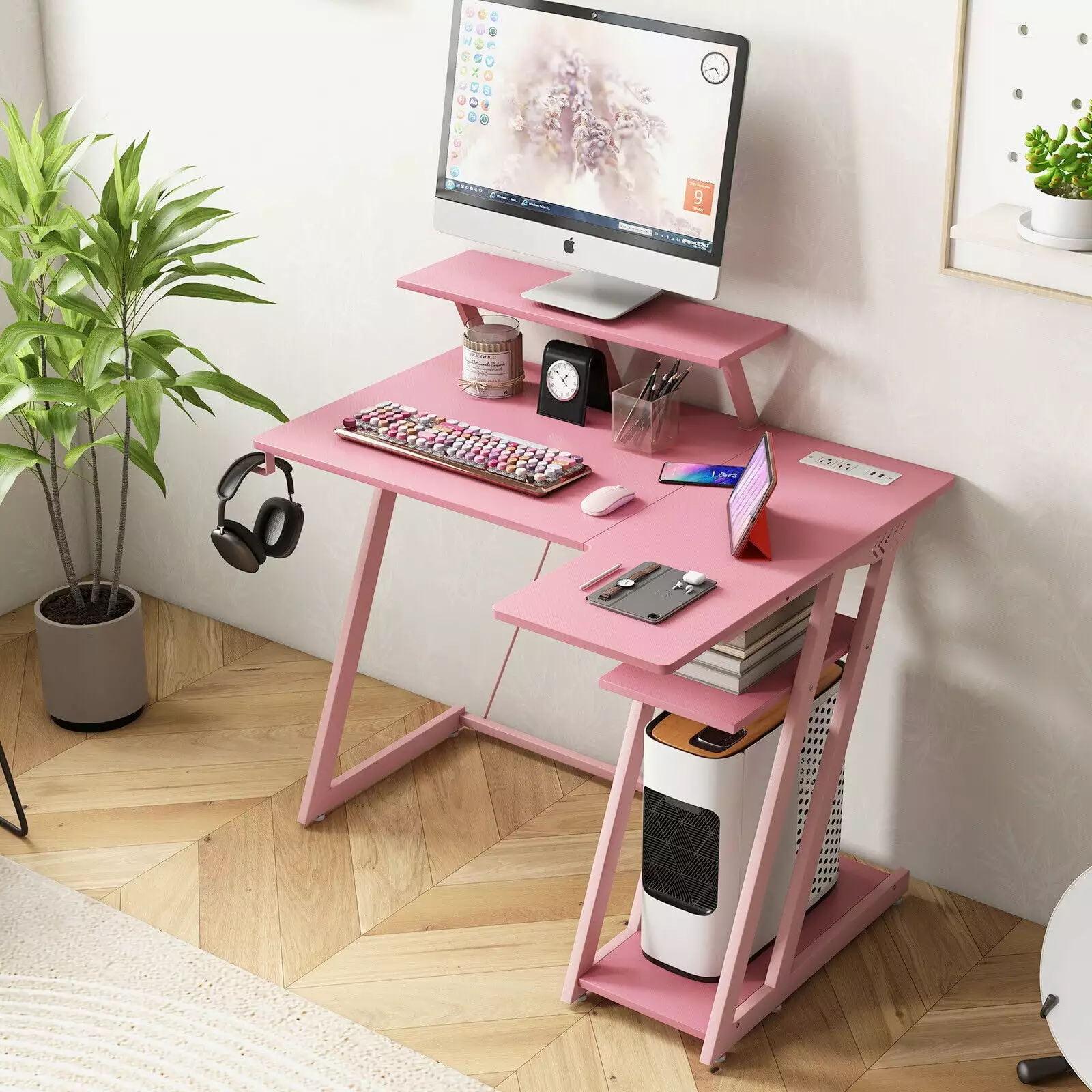 Laijoy Computer Desk Built- Charging Station Metal Frame Game Desk Display Rack CPU Bracket