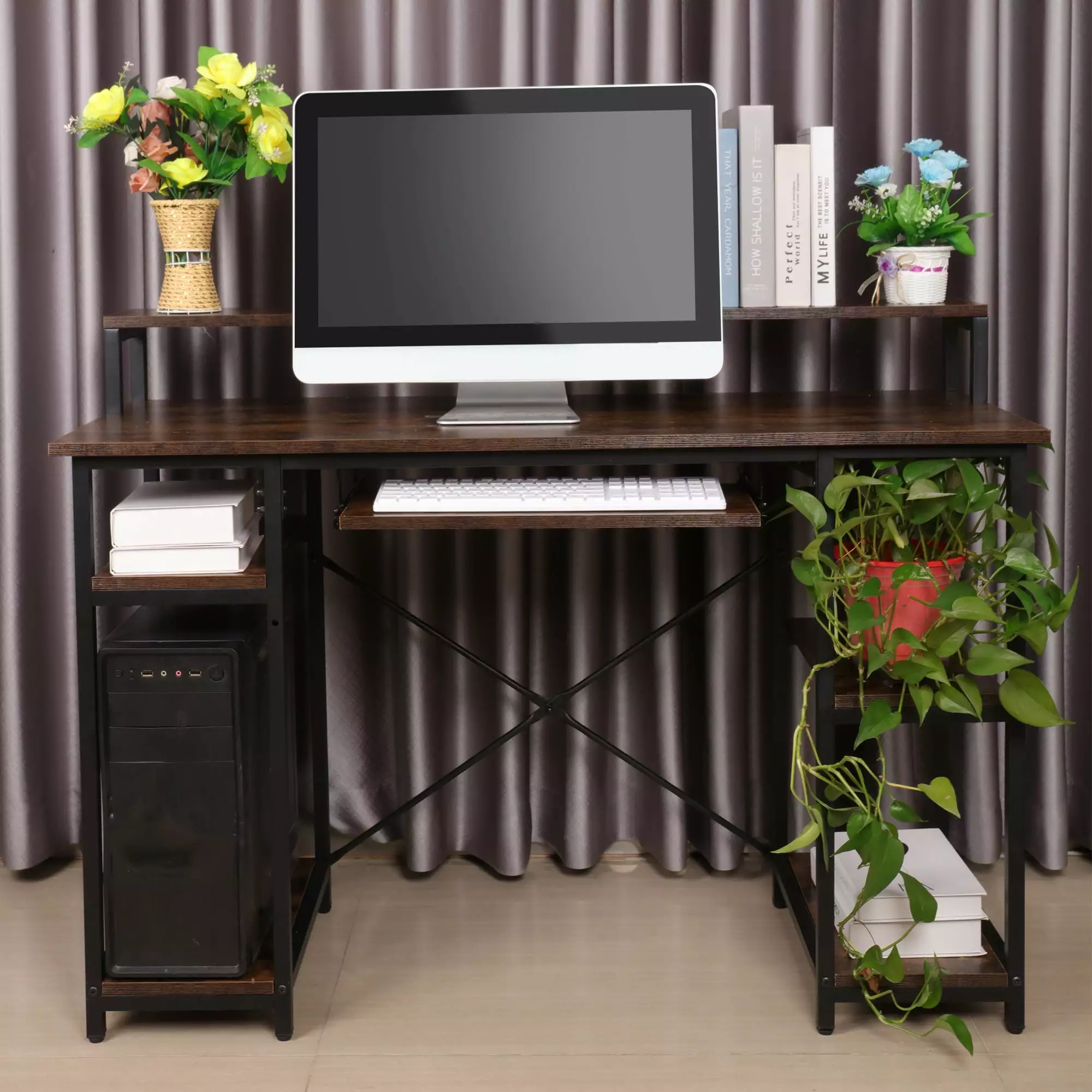 LELINTA Reversible Gaming Desk 46 Inch Computer Desk Storage Shelves Brown