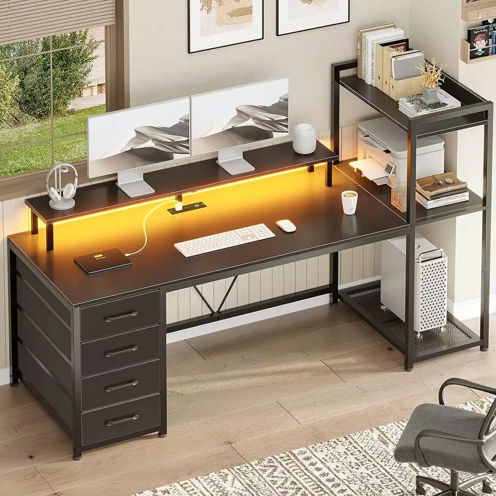 MIDODO 59 Computer Desk 4 Drawers Gaming Desk LED Lights Power Outlets Home Office Desk Large Storage Space