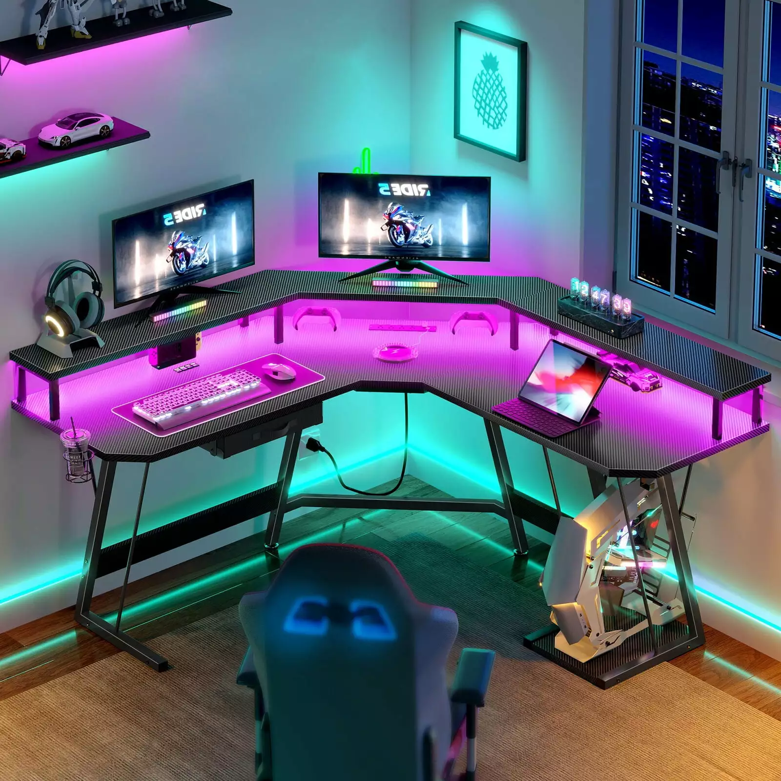 L-Shaped Gaming Desk Corner Table Computer Desk RGB Light & Power Outlets N/A