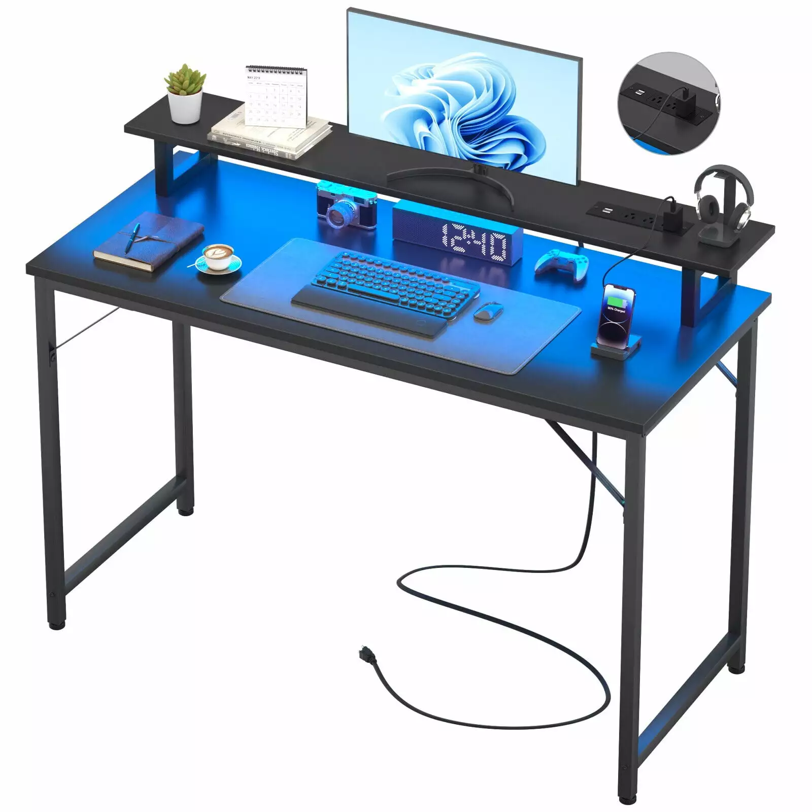 47 Writing Desk Home Office Computer Gaming Desk LED Outlets Modern Workstation N/A