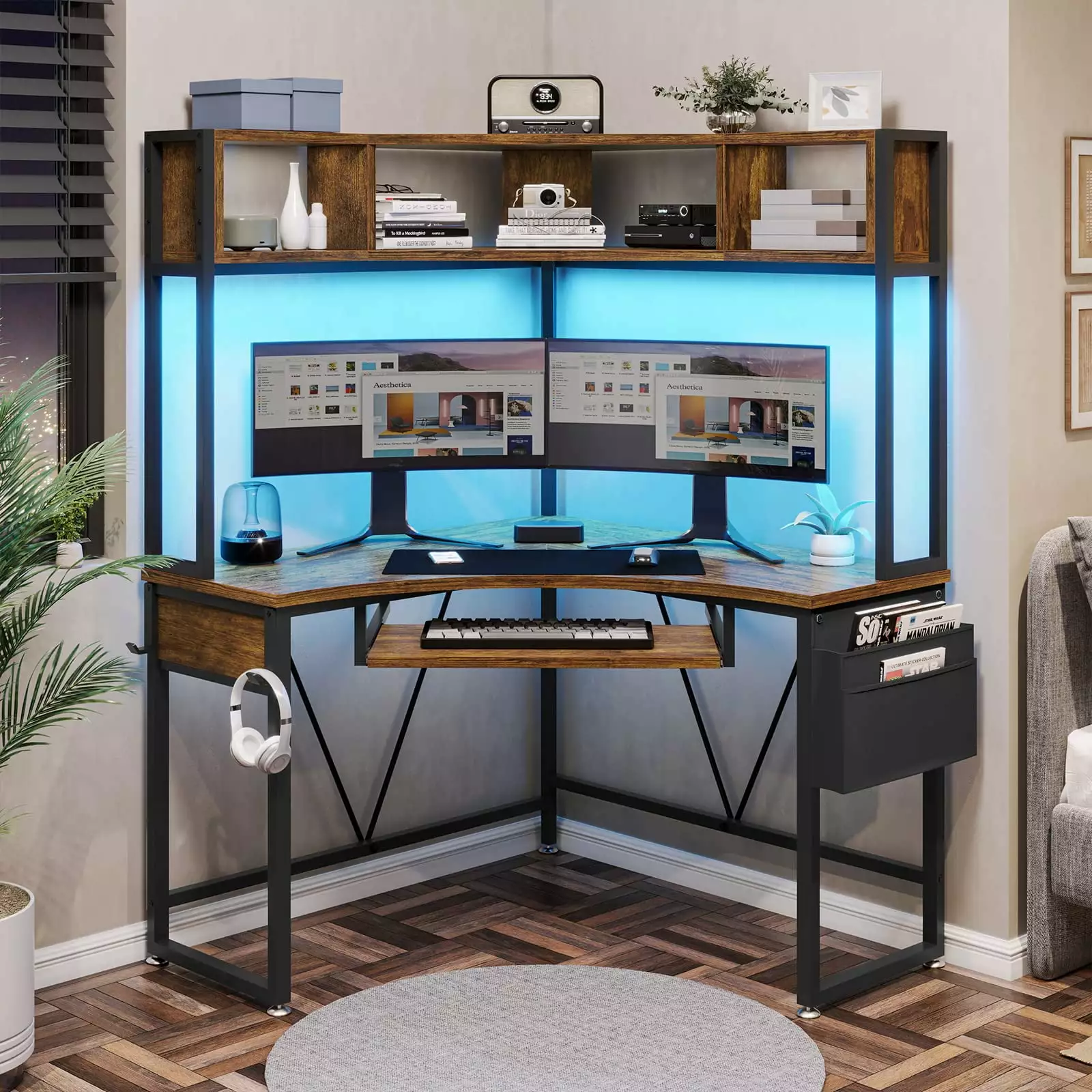 Corner Gaming Desk LED Lights Hutch Computer Desk Headphone Hook Keyboard Tray Rustic Brown OTMCOOUCH