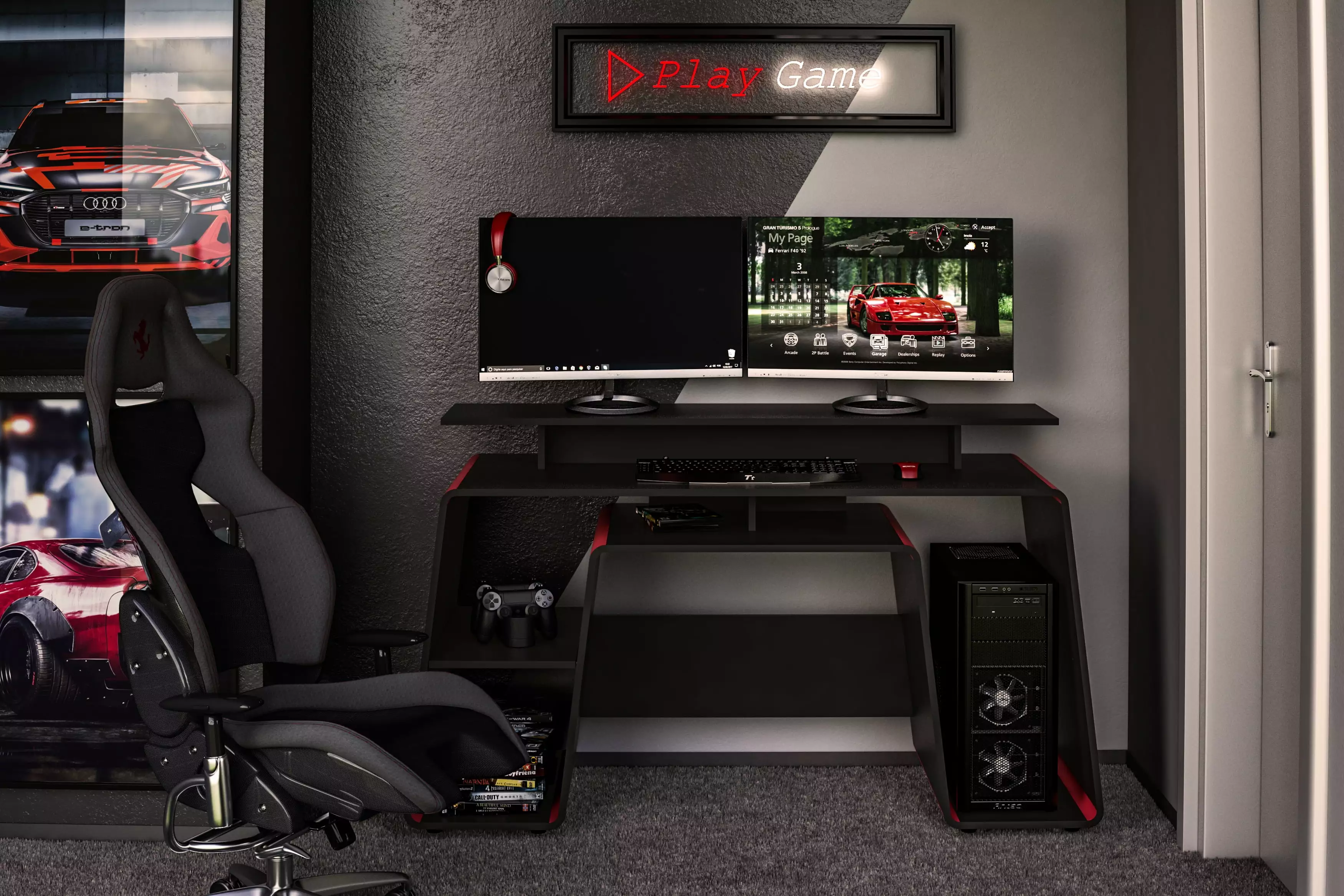 Polifurniture San Diego 57 Black and Red Gaming Desk Storage