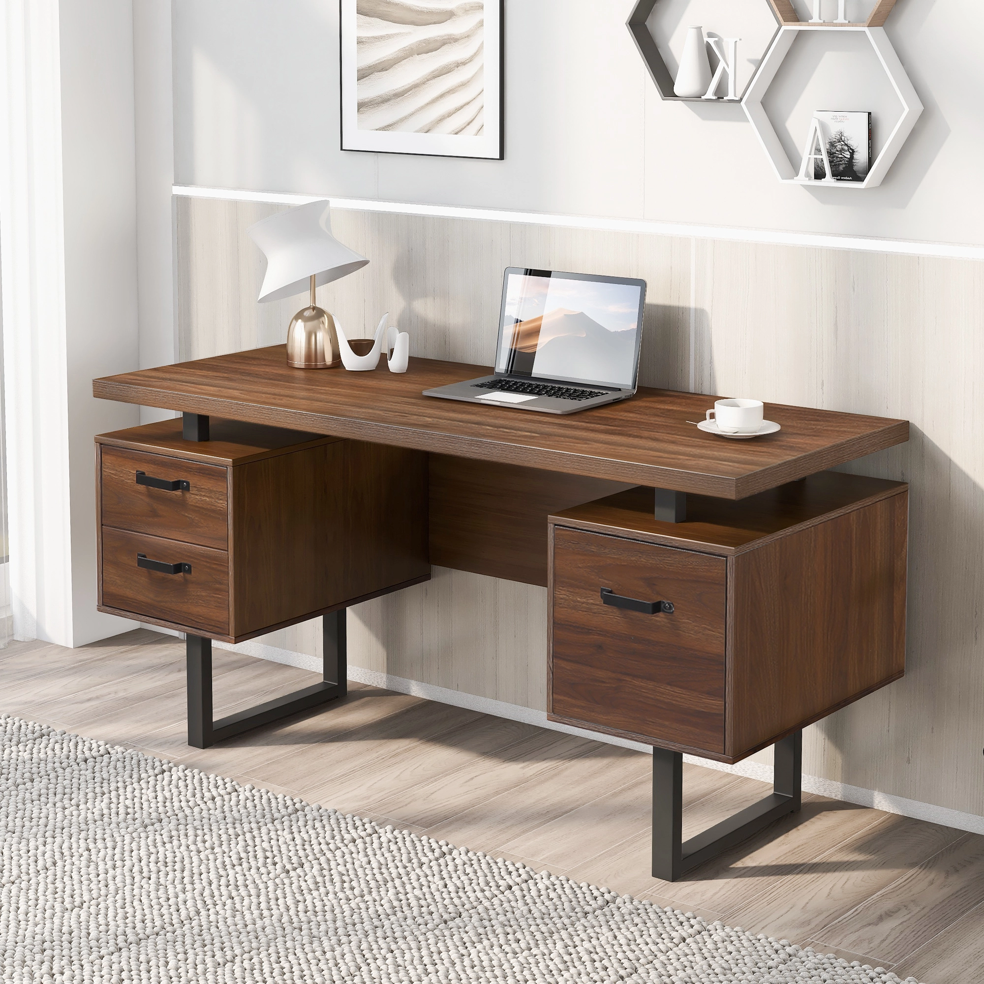 Royard Oaktree 59-inch Computer Desk 3 Drawers Floating Desktop Metal Frame Gaming Study Table
