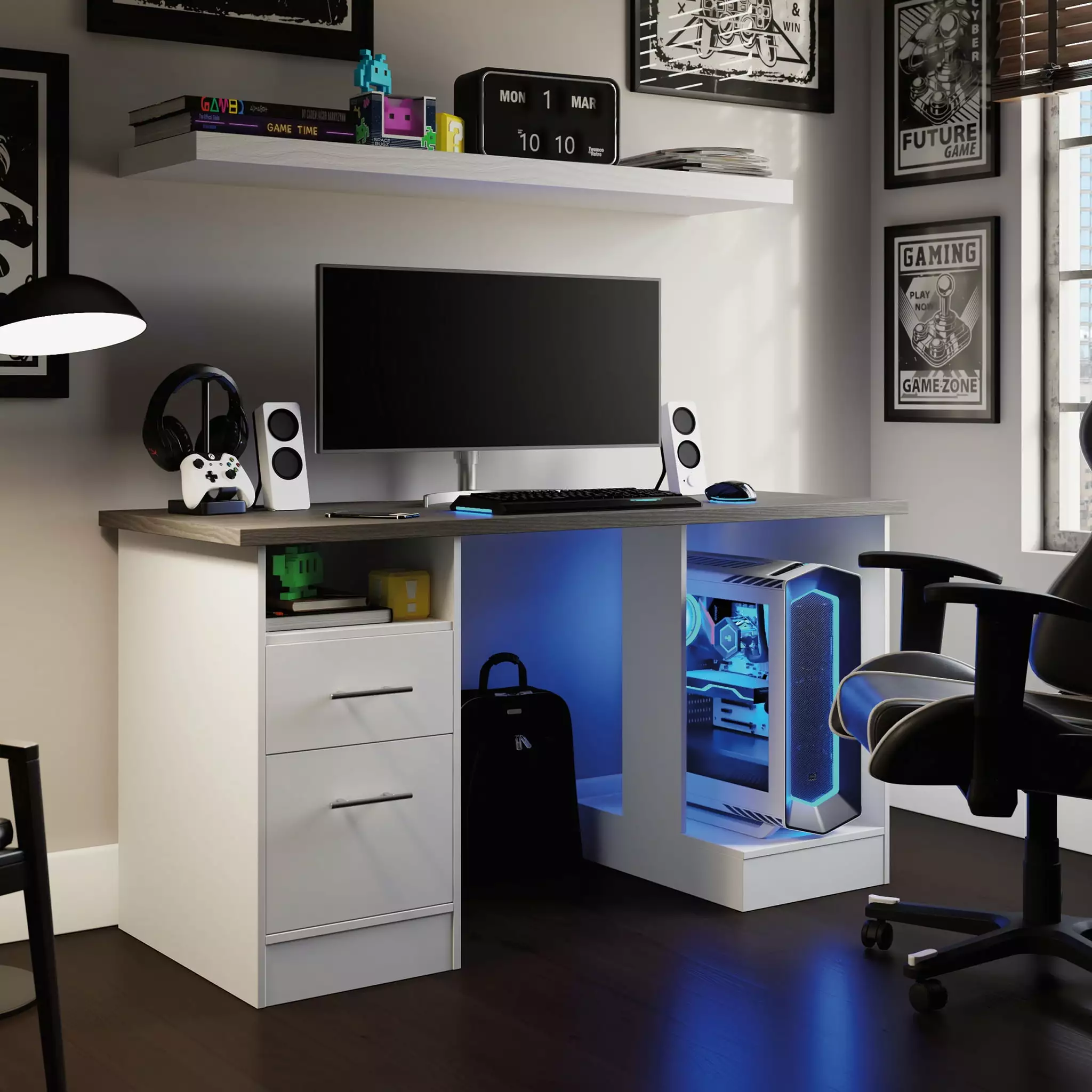 Sauder Gaming Desk Charcoal Ash Accent Top White Finish