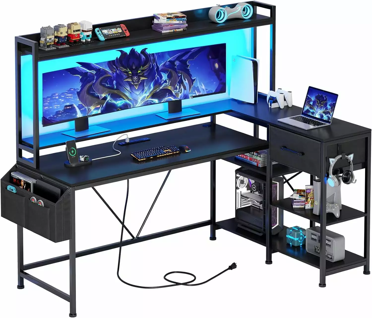 55 Inch L Shaped Gaming Desk Fabric Drawer LED Lights and Hutch Sedeta