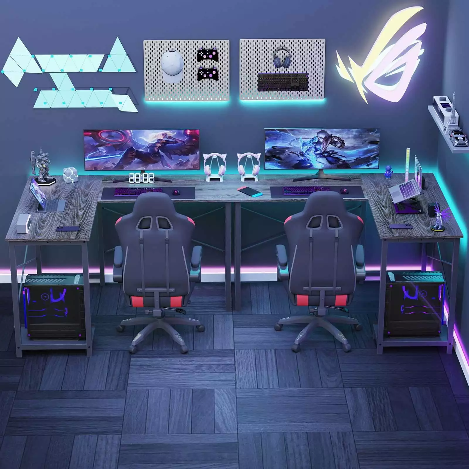 L Shaped Gaming Desk Gray Iron PC Setup SMHZ